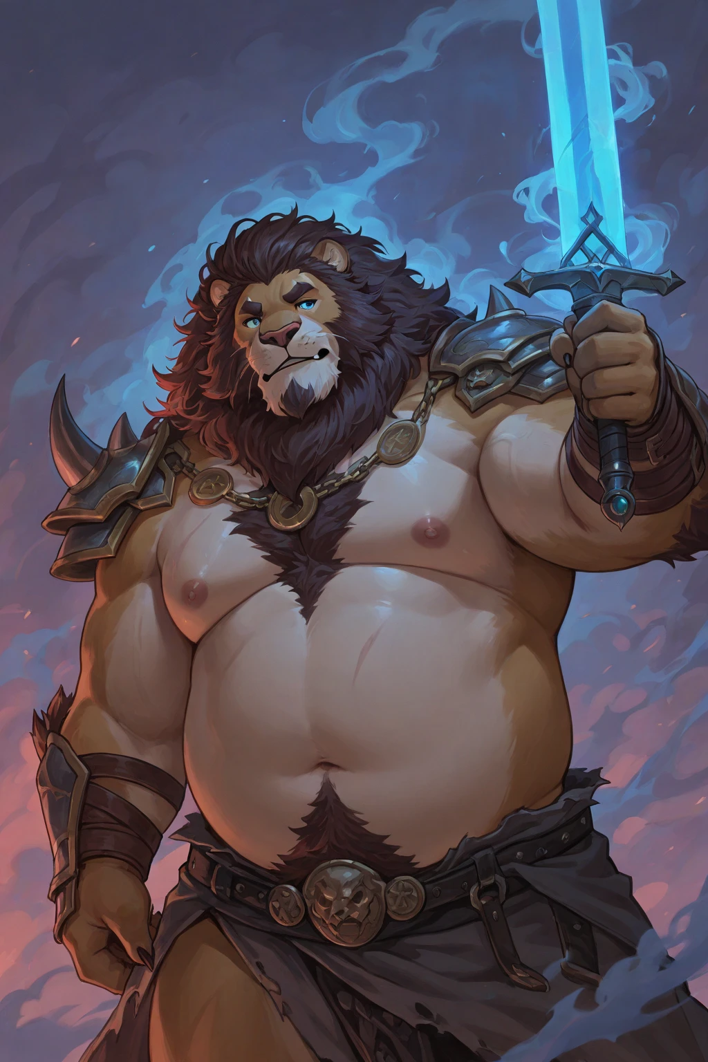 Lion, mong blond mane, black beard, green eyes, realistic eyes, posted on e621, furry body, anthro body, anthro lion, feral paws realistic, long fur, very hairy, lion, solo, male, adult, masculine, (very very fat and big belly, very fat body, arm muscles, buff:1.2), correct ???????, (photorealistic fur, detailed fur, epic, masterpiece:1.2), knight armor, knight lion, in the woods, luminous, (by echin, by Taran Fiddler, by Juiceps, by Rukis), (detailed eyes:1.2), impressive physique, flexing biceps with one arm with a sword, seductive face, just face portrait realistic