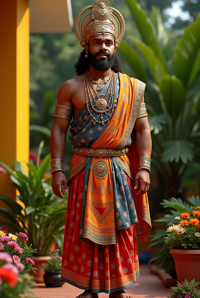 "Create an image of a Travancore king from the 18th century. He should be depicted in regal attire, wearing a traditional silk dhoti, an ornamental angavastram (shawl), and a richly decorated sword in his hands. His attire should include intricate gold jewelry, including necklaces, bracelets, and earrings. The king should have a dignified and authoritative expression, with a neatly groomed mustache and beard. The background should reflect the grandeur of a sea side , with elements of South Indian architecture, such as pillars, arches, and traditional motifs."