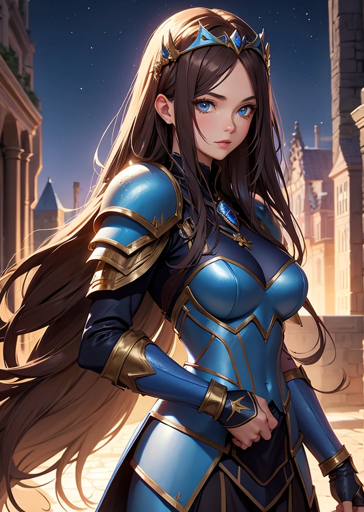 1girl, ((slim)) tall pirate sexywoman, thin waist, 18 years old, ((ornate ((steel)) breastplate armor)), average breasts. (((cleavage))), ((((very long blue skirt)))) with ((((single slit)) on the side)), ((headband)), on a ship, ((gorgeous slim face)), ((Brown hairs)), ((long straight flowing hairs)), sea, detailled face, marterwork, serious eyes, intense detailled eyes
