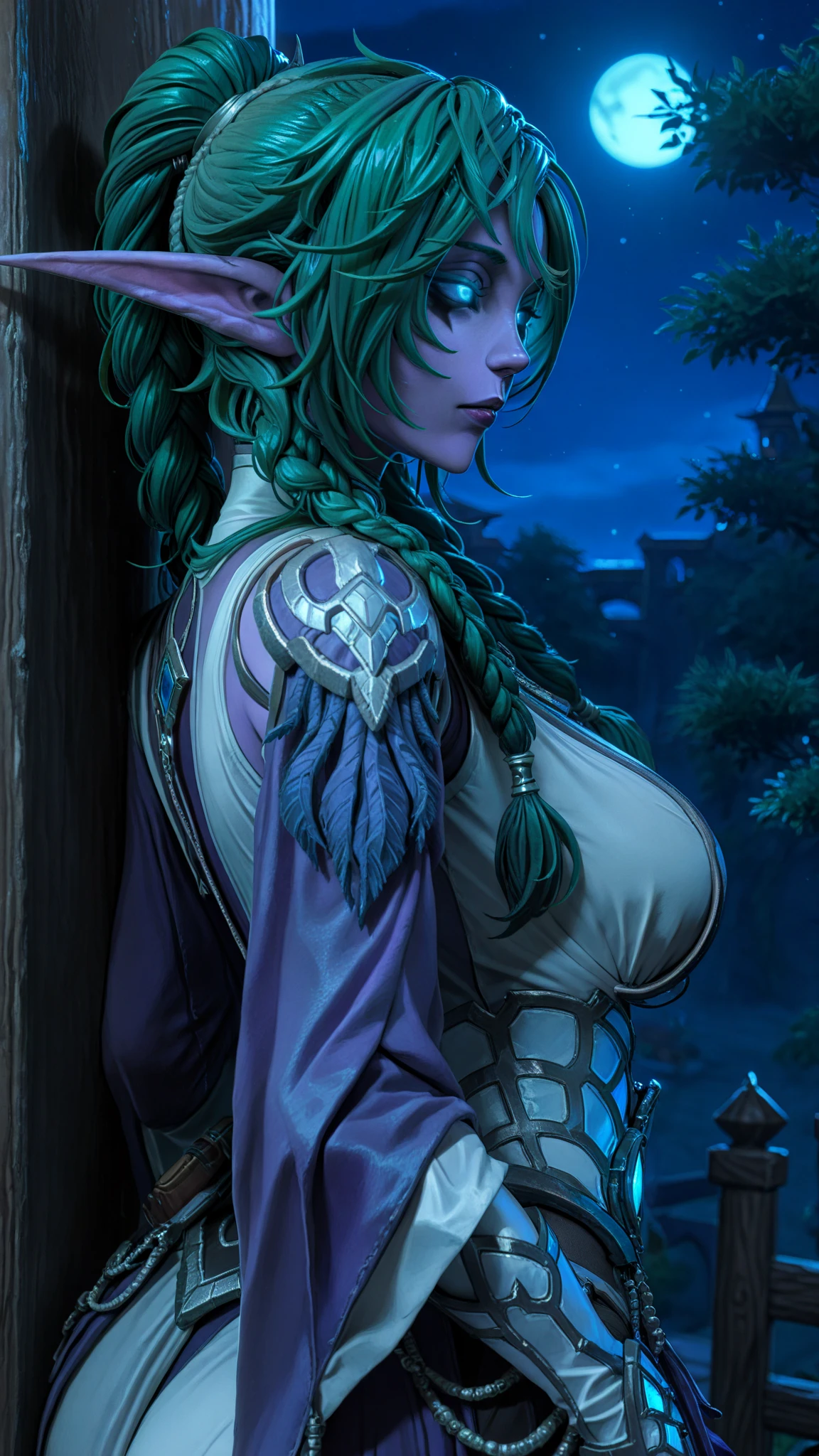 ((best quality)), ((masterpiece)), (detailed), (realistic), (portrait, from the side:1.4), 
(expressive eyes, perfect face, female elf, seductive smile, shining (blue:1.4) hair, absurdly long curly hair, flowing ((purple silk robe)), high ponytail, disc earrings, large shining blue medallion:1.3),
praying, on a snowy cliff, by the sea,
A poignant scene depicting Schala, the beloved character from Chrono Trigger, immersed in prayer amidst the serene snow-covered cliffs of 12000 BC, near the village of Algetty. She stands with grace and solemnity, her vibrant blue hair cascading down her back in voluminous waves, held in a high ponytail by a crimson hairband. Her large, expressive blue eyes gaze upwards with reverence and contemplation. Adorned in flowing purple silk robes that billow softly in the chilly wind, she appears ethereal against the backdrop of the icy landscape. The cliffs rise majestically behind her, their rugged surfaces dusted with a blanket of pristine snow, while distant mountains loom in the background, shrouded in mist. The scene is bathed in a soft, diffused light, casting a serene and mystical aura over Schala as she offers her prayers to the heavens.
, 