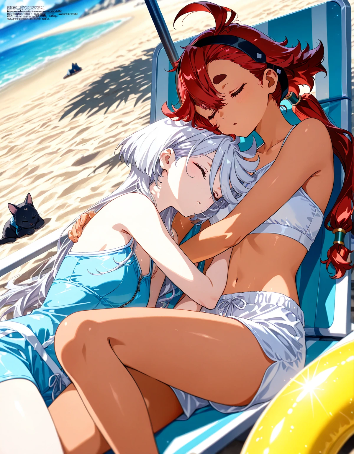 Red haired girl wearing yellow bikini hugging white haired girl wearing black bikini