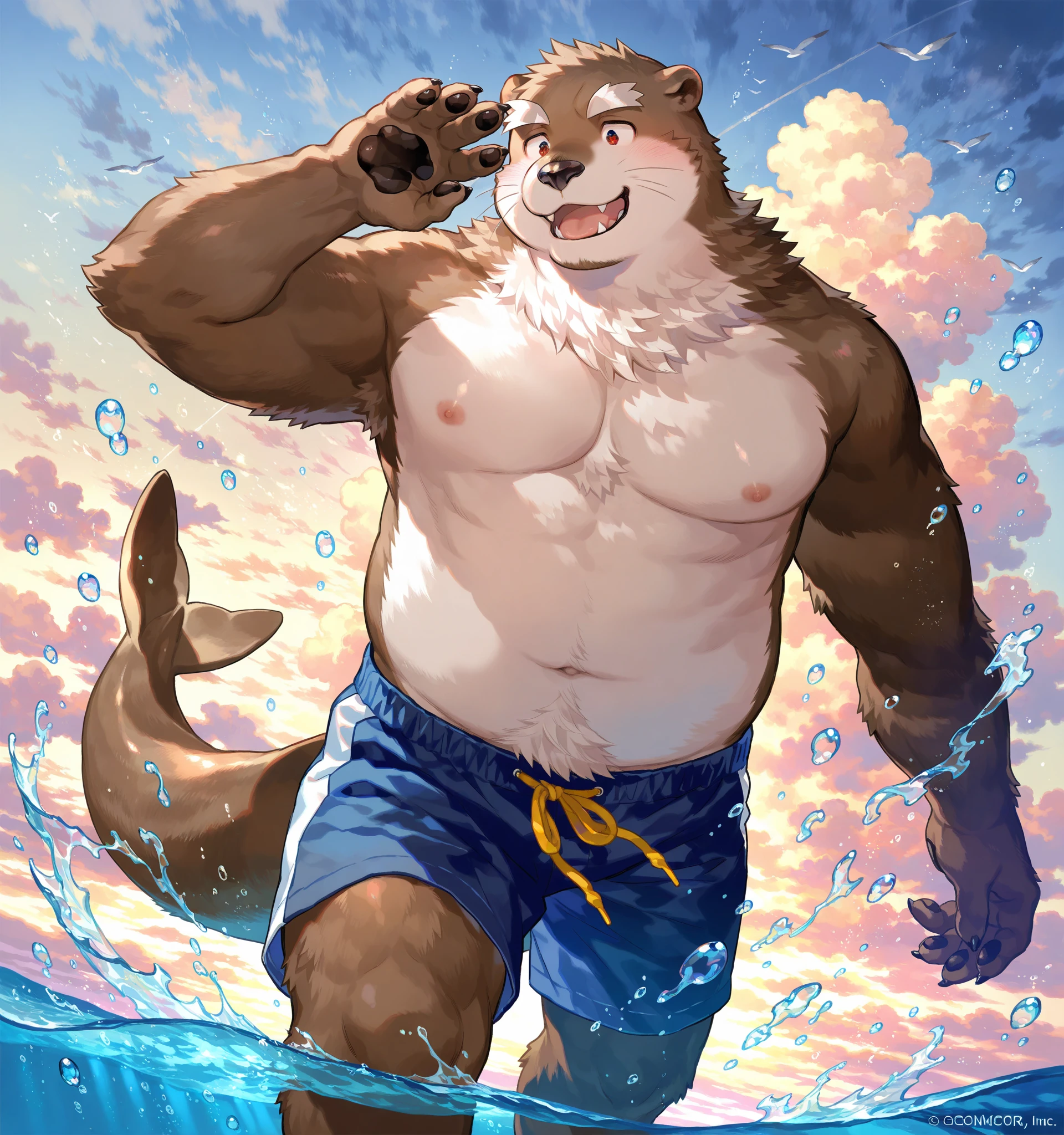 solo, 1boy, Huge Muscular Old Grizzly Bear wearing sunglasses, pectoral, huge pectoral, wide pectoral, huge brown fur, short white hair, black competitive briefs short black wristbands and shirtless topless, bearded, Moustache, surf board, background, masterpiece, high detailed, 8k, high resolution, at the ocean, surfing the waves, riding the surfboard, gliding on the surfboard 
