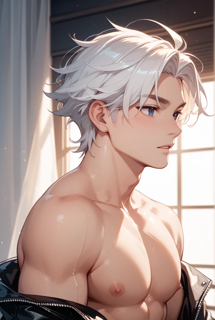 (absurderes, A high resolution, Ultra detailed, hdr), Masterpiece, Best quality, A man of one, 25 yo, Solo, Handsome, Short hair,pointy hair, White hair, eBlue eyes, finely eye and detailed face, Real Shadow, Topless, full bodyesbian, A white towel wrapped around your waist, Home style MUJI, on bath, Lonely mood