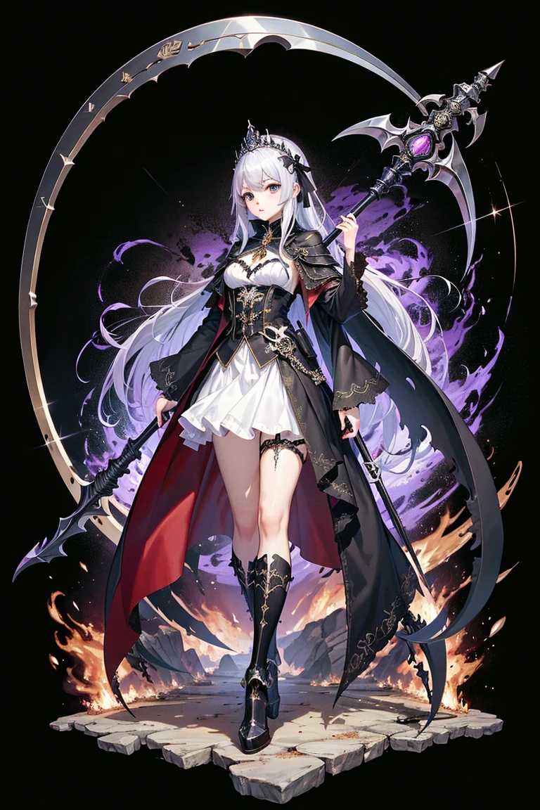 vampire queen, perfect body shape, small breast, battle skirt, (royal cape:1.1), main color is matte black, secondary color is purple, sexy and devil aura, original character, masterpieces, seducing purple pupil, (multi color high pony tail 1:1.2), walking under blood moon and middle of the destroyed city street, purple gem accessories, golden belt, golden necklace, windy and evil effect, soft moon light focus, corruption, extremely delicate and beautiful eyes, messy bang, unique crown