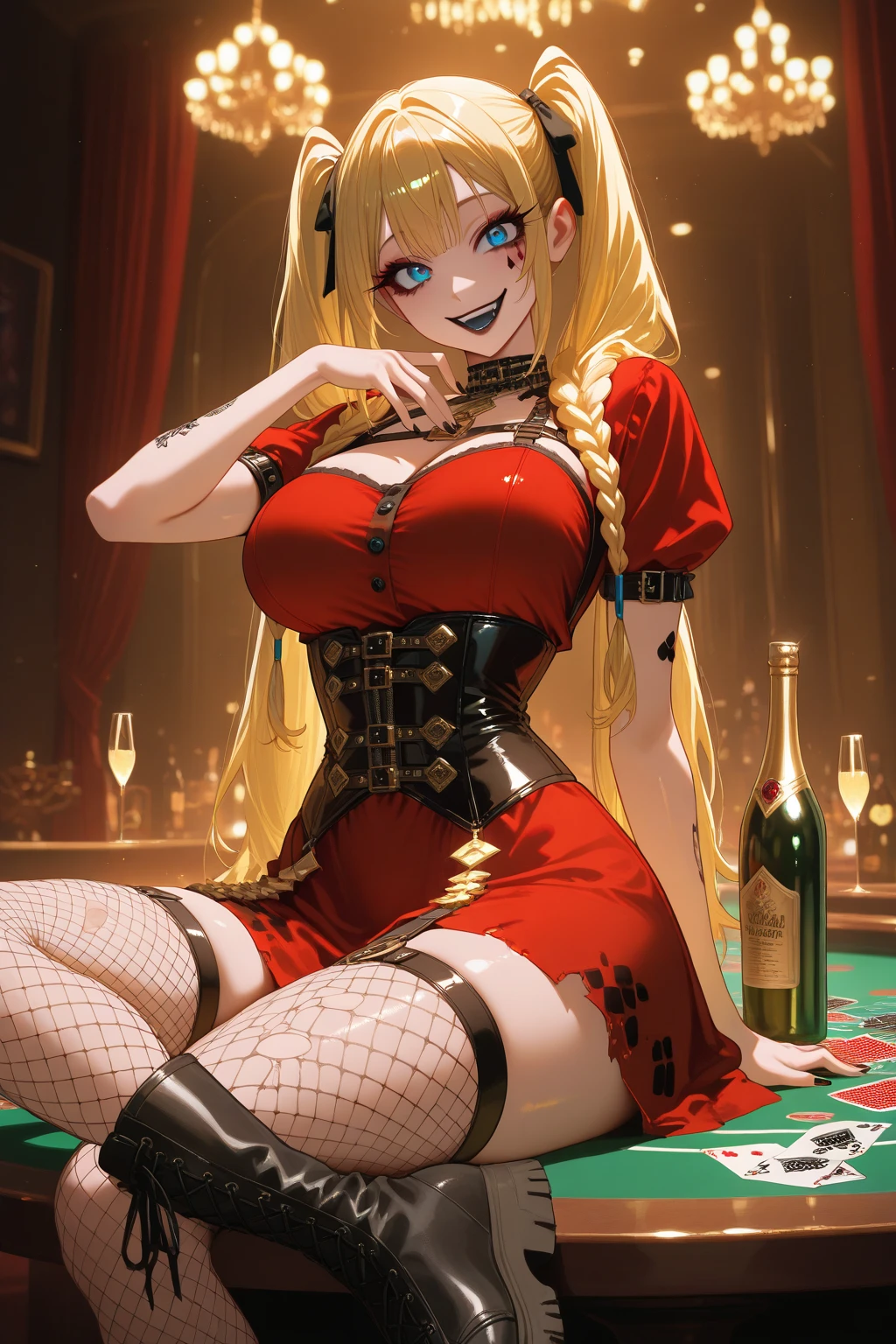 Hermosa chica francesa rubia tostada de ojos azules,   femenina, sentada en un bar lleno de gente,               mostrando sus hermosas piernas, She is dressed in a tight red short dress, y lleva tacones      abiertos,  imagen en 3D, 23K resolution,                gran angular.  Estilo: Photographic 50mm lens, apertura  F 2.5. Sugerencias: No debe salir: Borroso, feo,           malas proporciones, mala anatomia, mal arte,             mal dibujado, cara mal dibujada, mutado, mutilado,     morbid, extremidades perdidas, extremidades extras, extremidades fusionadas, extremidades flotantes, fuera de foco, low res, Cartoon, plastico