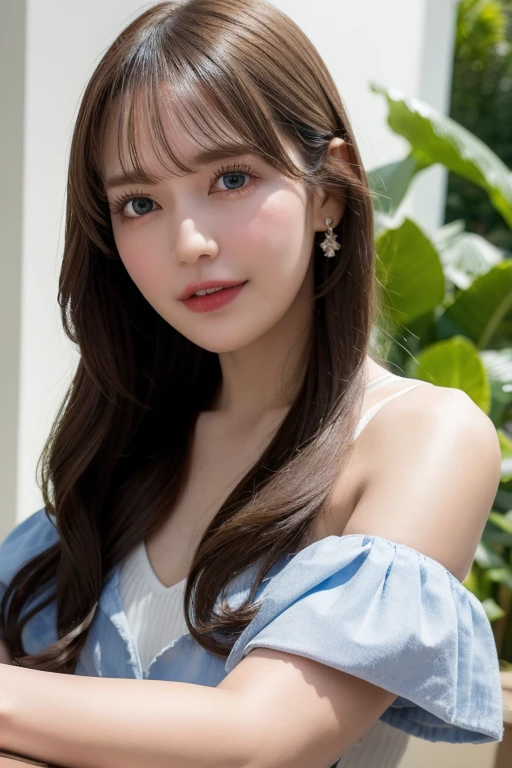 best quality, photorealistic, 8k, high res, full color, 1girl, woman, 20 years old woman, (closed mouth:1.73), (skindentation), (portrait:0.6), trees, park bench, daylight, ((park background:1.52)), full color, ((sleevelessblueshirt:1.58)), looking at viewer:1.8, (1girl eyes looking at viewer:1.55), (medium hair, brownhair, partedhair:1.45), (bokeh), <lora:AAV-yua2:0.69>