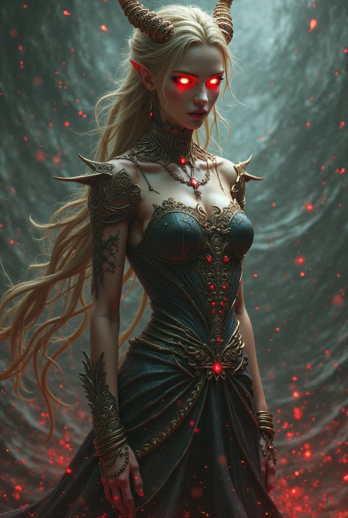 a beautiful female vampire wearing a ((blood stained: 1.5) white Cheongsam: 1.5), an extremely beautiful female vampire, ultra detailed face, blond hair, long hair, wavy hair, dark glamour make up, pale skin, red lips, (glowing red eyes: 1.2), visible (vampiric fangs: 1.2), she wears a ((blood stained white Cheongsam: 1.5)), elegant, intricate detailed Cheongsam, silk Cheongsam, small cleavage, ((Cheongsam is decorated with gems: 1.3)), she wears elegant knee high heeled boots, exquisite knee high heeled boots, there are stains of blood on the upper part of the dress, dynamic background, best details, best quality, highres, ultra wide angle, 16k, [ultra detailed], masterpiece, best quality, (extremely detailed), full body, ultra wide shot, photorealistic, fantasy art, dnd art, rpg art, realistic art, dark novel, Dark Art Painting Style