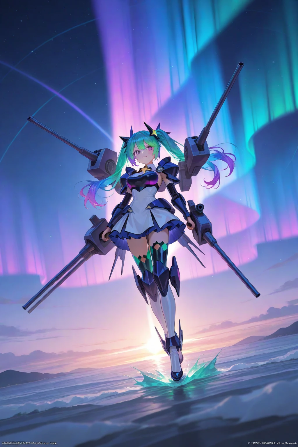 layer_megamanx, 1girl, solo, long hair, purple hair, green eyes, blunt bangs, hair over eyes, large breasts, dark skin, dark-skinned female, android, underboob, robot ears, high quality, masterpiece, standing on a hill with mountains around him, in the style of anime art, imposing monumentality, translucent immersion, grandeur of scale, i can't believe how beautiful this is, light black and azure, grandiose ruins