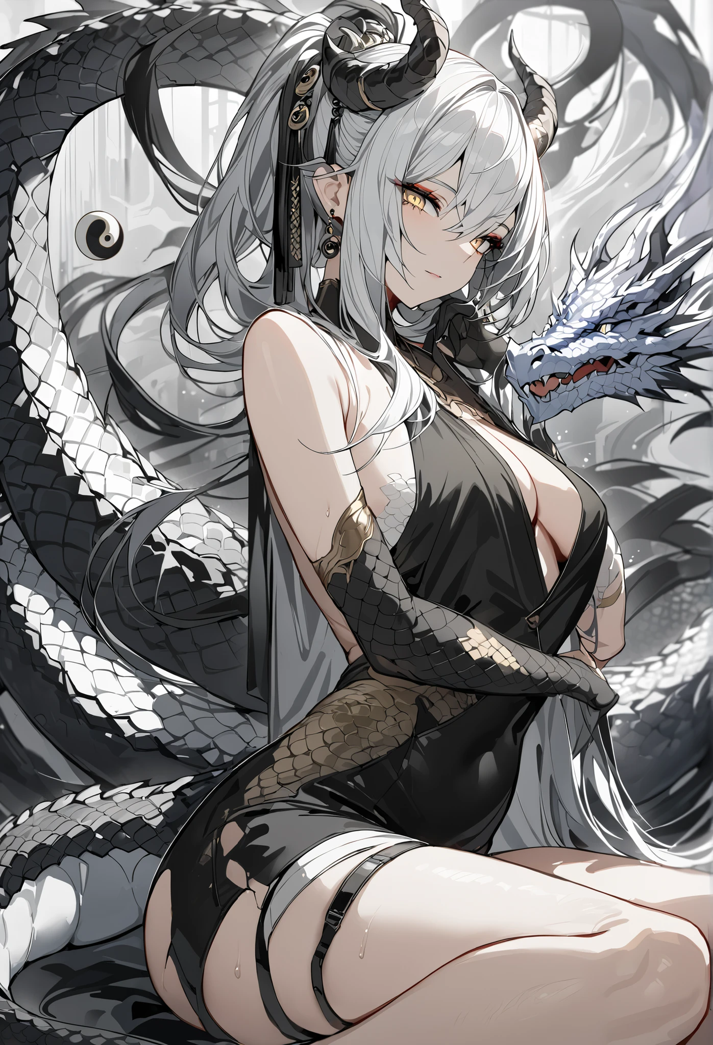 Masterpiece, High quality, Best quality, Live2D, Clear face, modern design, woman, dragon, dragon_hybrid, hair is half white and half black, Bright golden eyes, Yin Yang, black and white, scales, horns, tail.