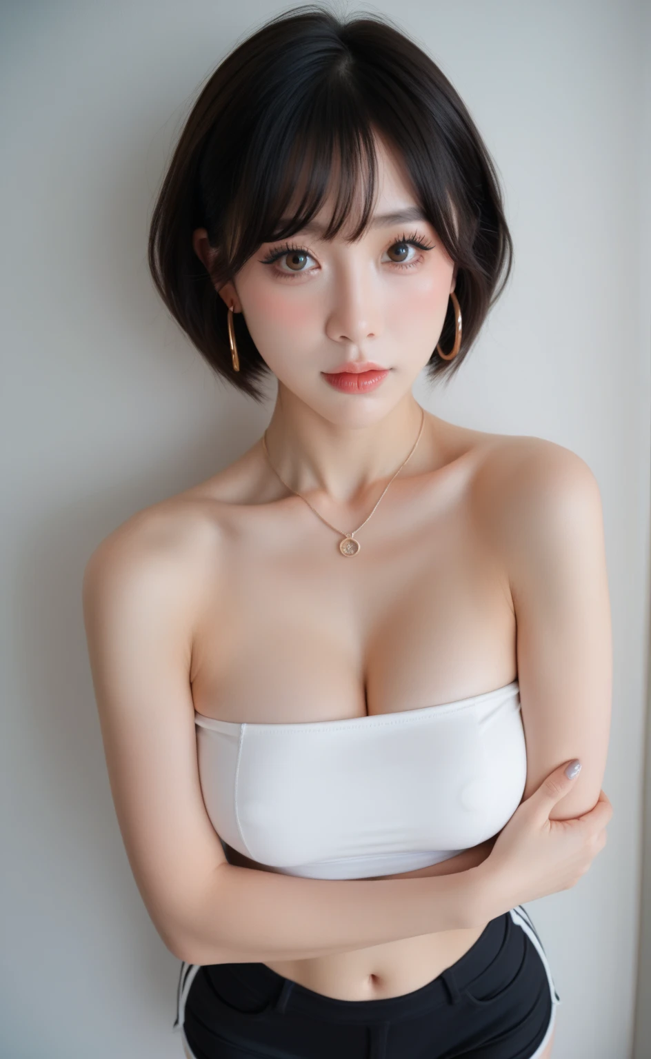 masterpiece, 1 beautiful girls, detailedeyes, Swollen eyes, top-quality, 超A high resolution, (现实: 1.4), OriginalPhotographs, 1girl in, Cinematographic lighting, japanes, Asian Beauty, Korean, very extremely beautiful, Beautiful skins, Thin, Front-facing body, (A hyper-realistic), (hight resolution), (8 K), (ighly detailed), (Beautifully detailed eyes with the best illustrations), (ultra-detailliert), A detailed face, looking at the viewers, Facing straight ahead, Neat Clothing, shorth hair、A dark-haired、46 point slanted bangs、Tidy room、(indirect lighting、deep in the night、Bring your chest together、white gal fashion、Small mall:1.4)