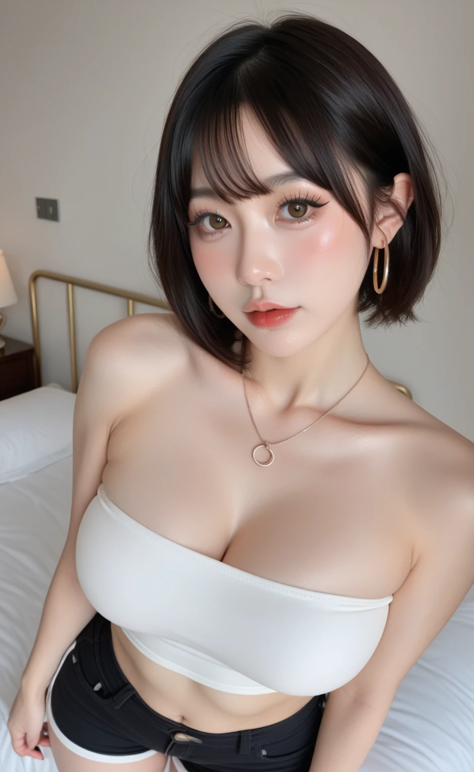Beautiful woman with perfect body:1.4,layered hairstyle,Protruding cleavage:1.2,dress:1.5,Highly detailed facial and skin textures,Narrow your eyes,double eyelids,whiten skin,Short hair details,Full body female love