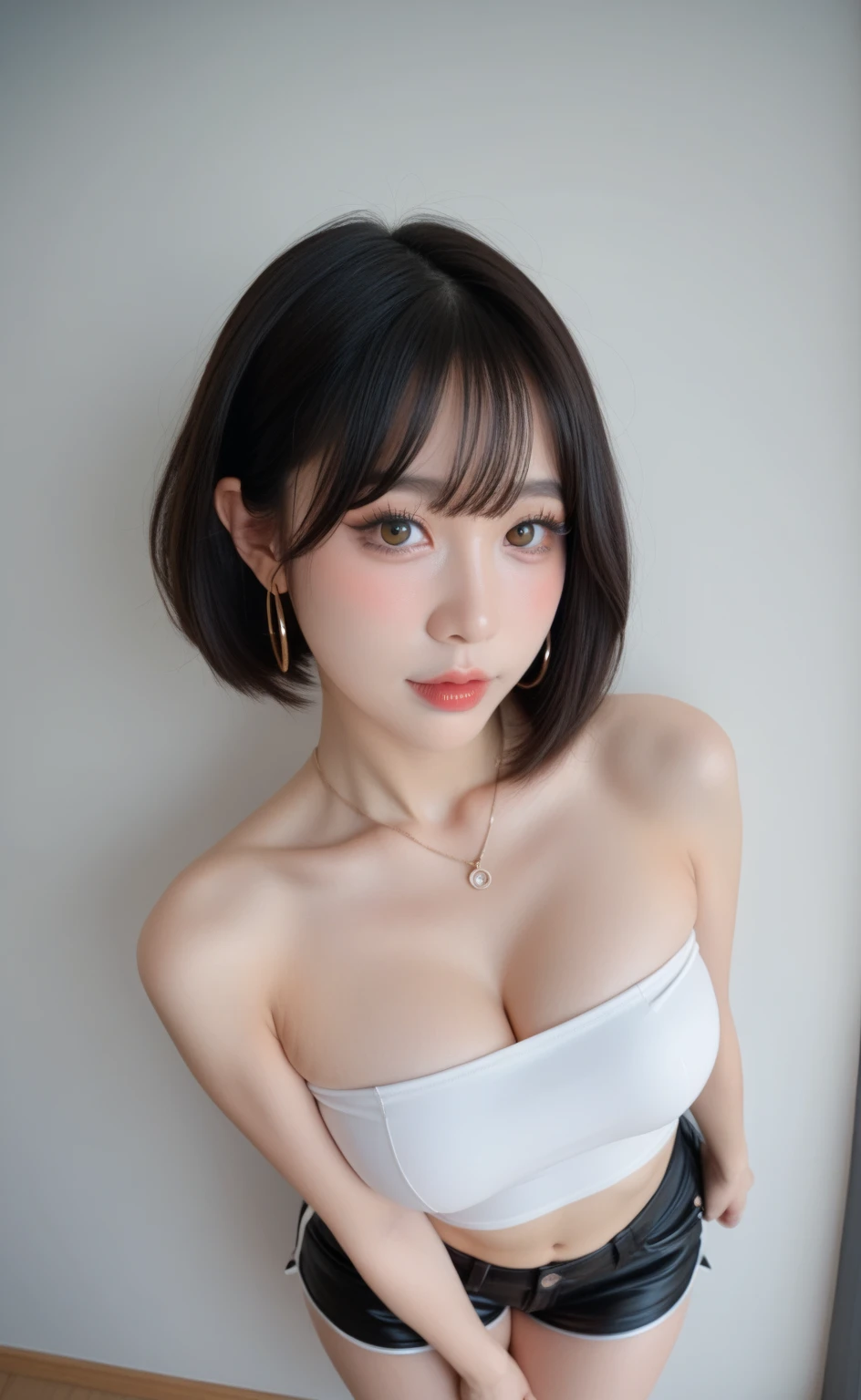 1 female　(Shooting from the waist up)　(She turns to the viewer、She has a very sexy look!!!!!)　((She does random sway back stance on the white bed:1.4))　(((Her hair color is the perfect blonde.:1.8!!)))　((Her hair is very straight!!!))　(Her bangs are neatly trimmed そして straight down.:1.4)　((Large Breasts:1.6))　((Highest quality))　((masterpiece))　(family friendly)　(Get used to it)　(White wall background!!!!!)　(She is the most sensual 24-year-old sexy model in Japan.)　(((Her hair is cut in a very straight bob that reaches almost to her shoulders..!!!.)))　(Highest quality&Highly detailed black hair　her hair is beautiful, There is a volume and、、、Very shiny.、Very beautiful silky hair　Beautiful silky hair　Shiny Hair　Her hair is very straight)　(She received a sensual make-up treatment by a professional make-up artist....　Exquisite texture:1.4　Bright red lipstick!!!　Beautiful black eyeliner)　Perfect Woman&#39;face　(Her face is dignified そして sexy)　((Her eyebrows are very thin:1.8))　Perfect Woman&#39;face　(Her face shape is thinner than average:1.8)　(Her eyes are larger than average:1.8　Her nose is higher than average:1.8)　(she has a typical Japanese build そして skin color..., Her skin is very high quality and ultra high definition.、very beautiful そして glowing skin)　(Her face is dignified and sexy)　((Rich 1.4))　(Extremely detailed 8K)　(Ultra-fine skin texture 1.4)　(current, Vibrant:1.4), 　Sharp focus:1.2、Beautiful woman:1.4　Dynamic Lighting　(Genuine RAW photos taken by professional photographers)　(Surreal photos by professional photographers :1.2)