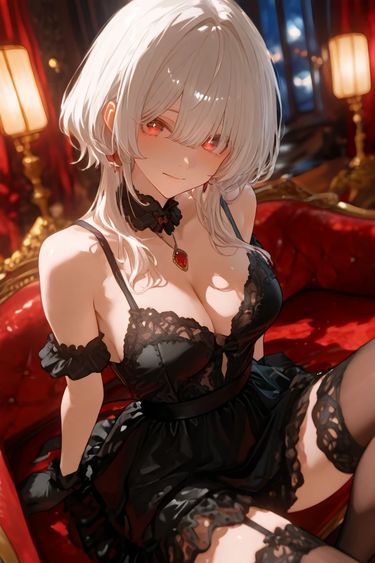 (((Solo))) Vampire woman with short white hair, (red eyes), ((wearing a sexy black dress)), stockings, wearing a red necklace, character is wearing gloves, (mature woman Anna), ((large chest)), curvy hips, long legs, detailed eyes, (in a dark castle), (((mature woman))), milf, ((full lips)), sparkling eyes, standing, seductive pose, sexy face, (beautiful lighting), candles, (laying down on her side), (in a red bedroom)