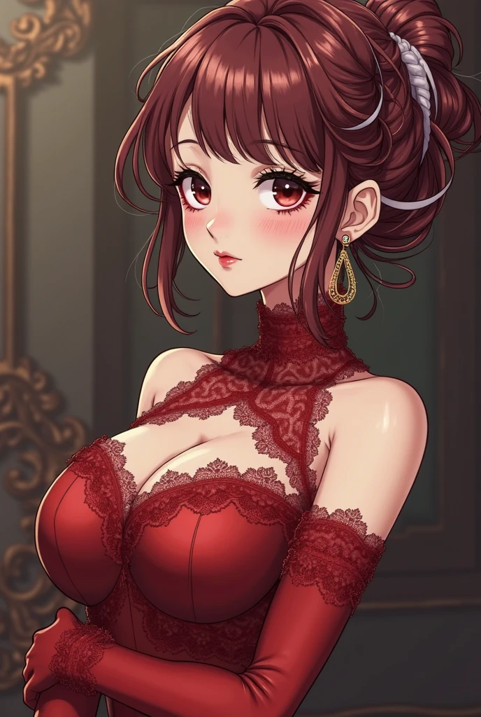 8K, RAW Photos, Fujifilm, Style photos of beautiful 45 year old women, Square face, Red rose on neck, Wearing a black dress with red lace, Gold earrings, Strong features like the spinning dove, (Highly detailed skin: 1.2), Light medium brown hair, Film Grain, 35mm, Cute Style