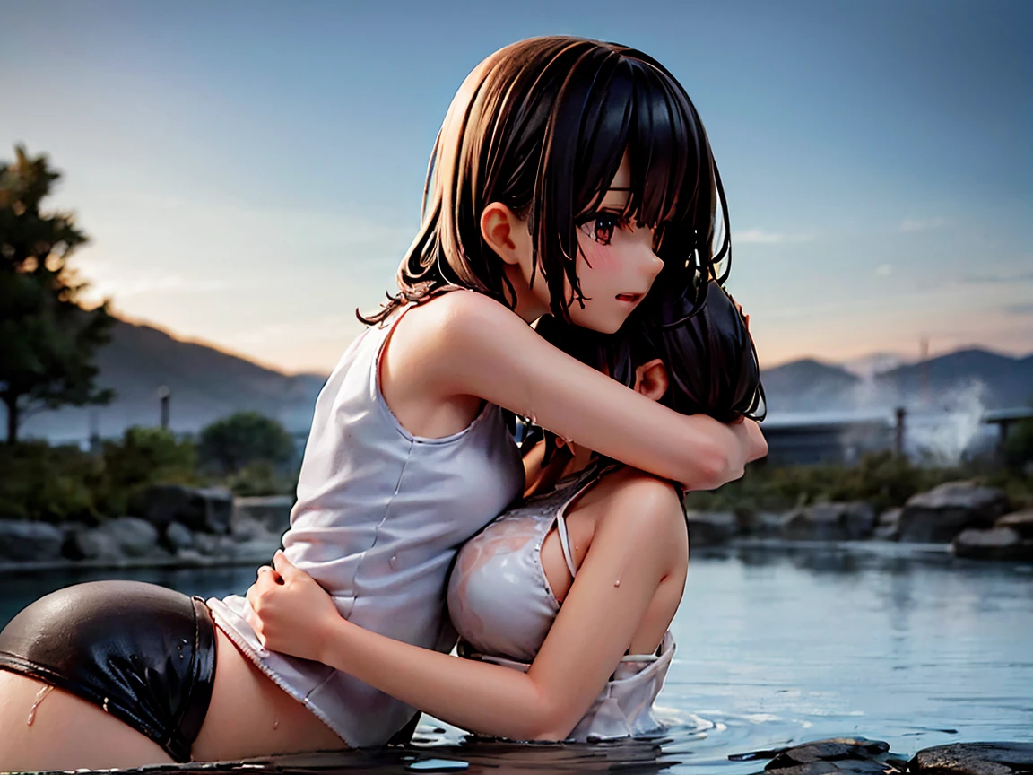 Tabletop,super high quality, Hyper Detail,Perfect drawing,Hmph,3d,8k,Awareness-raising、there is nothing、(((Two beautiful girls)))、bikini、Swimwear)、(Sitting on the breakwater)、close your eyes、((French kiss))、The Sunset Sun、horizon、coastal、Backlight、Shining Water Surface、Beautiful background、Accurate drawing、Detail view