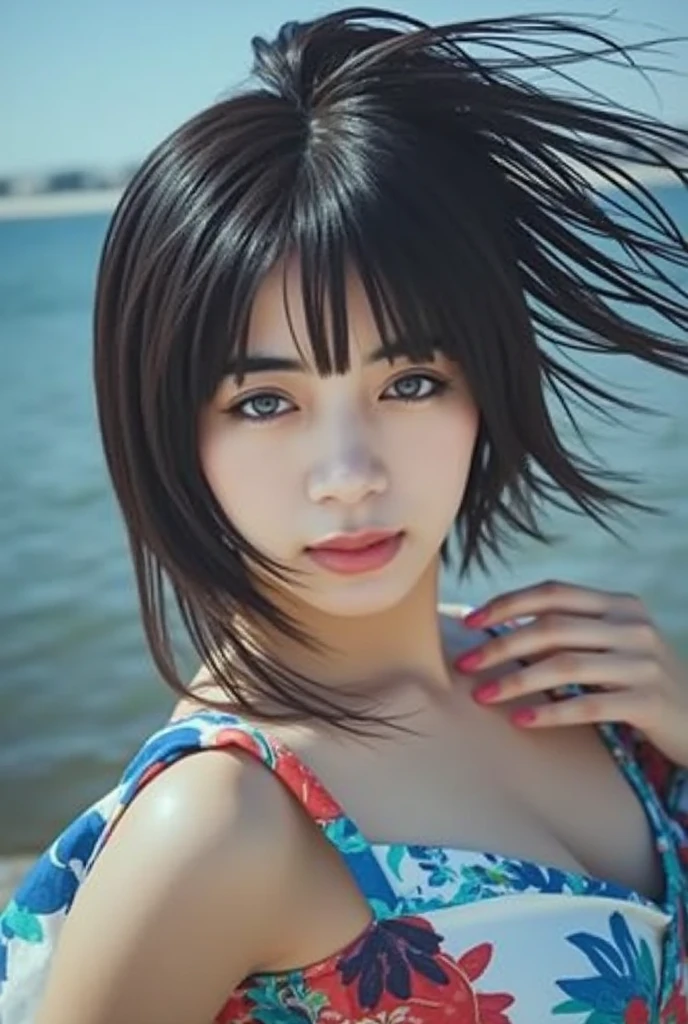 masterpiece, Realistic, hyperRealistic, Highest quality, Bobcut, Black Hair, Open your mouth, Licking fingers, Sticking out tongue, front, looking at the camera, Primary school students, Swimwear, Pareo, Frills, Kissing Scene, Upper Body, Sad, RAW Photos, delicate, (Intricate details:1.3), Hyper Detail, In detail, colorful, Dark Shadows, One girl, alone, 8K Ultra HD, Film Grain, (photoRealistic:1.3), (Detailed skin:1.2), Beautiful attention to detail, Skin Texture, Light of the sun, beach, Ocean, Beach