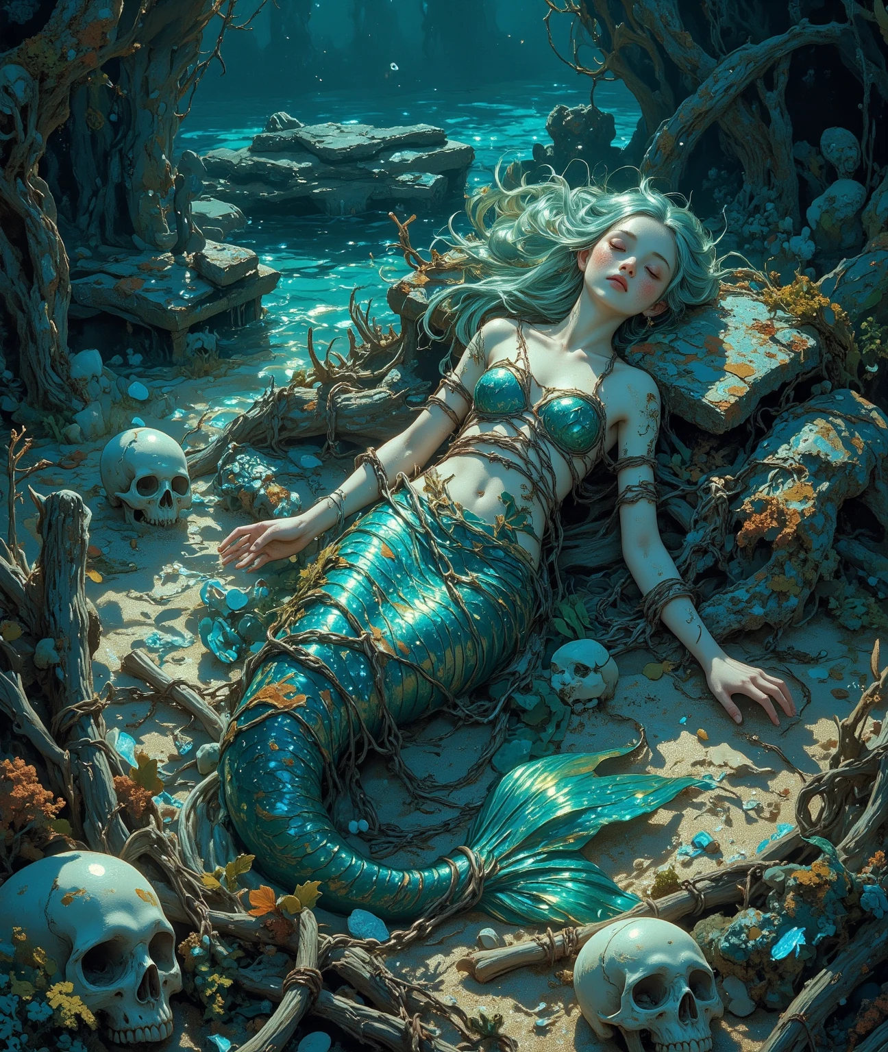 1 girl, under water, skeleton, corpse, Under water, where tendrils of corals and vines abound, a girl (mermaid) looks at you among a pile of bones and skulls. Her eyes glow with an eerie light, (Masterpiece:1.3), (best quality:1.3), 