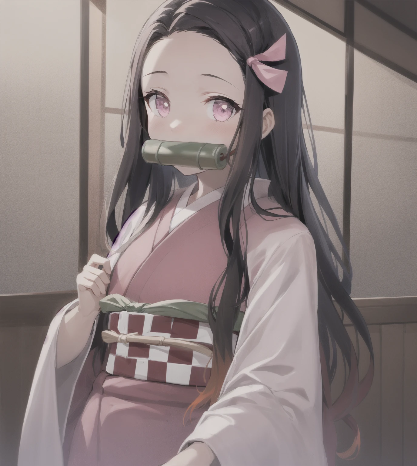 Masterpiece, Best Quality, High Resolution, venus1, 1girl, solo, Tsuko Kamato, Bamboo, bit gag, brown hair, checkered belt, gag, gradient hair, hair ribbon, haori, japanese clothes, kimono, long hair, looking at the audience, colorful hair, orange hair, pink eyes, pink kimono, pink ribbon, ribbon, solo, upper body, (((masterpiece)), frontal, sitting, cute, puffed cheeks, angry, wide eyes