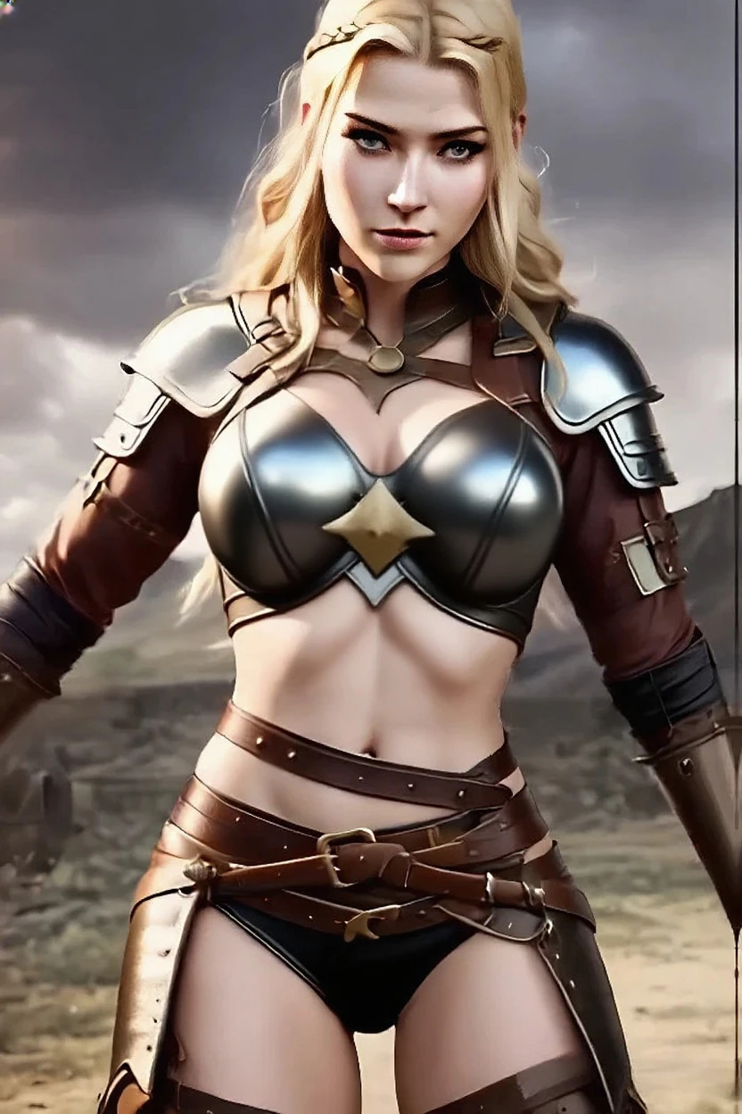 a photorealistic portrait of a beautiful young female elf, wearing fantasy knight full body armor, engraved with intricate ornament, crown on head, skinny body, small breast, deep cleavage, closed eyes, on a background of ancient ruins, flowers, foggy day scene, cinematic composition, fantasy, dramatic light, 35mm lens, face close up, depth of field, photorealistic, highly detailed, Lord of the rings style, (((cleavage)))