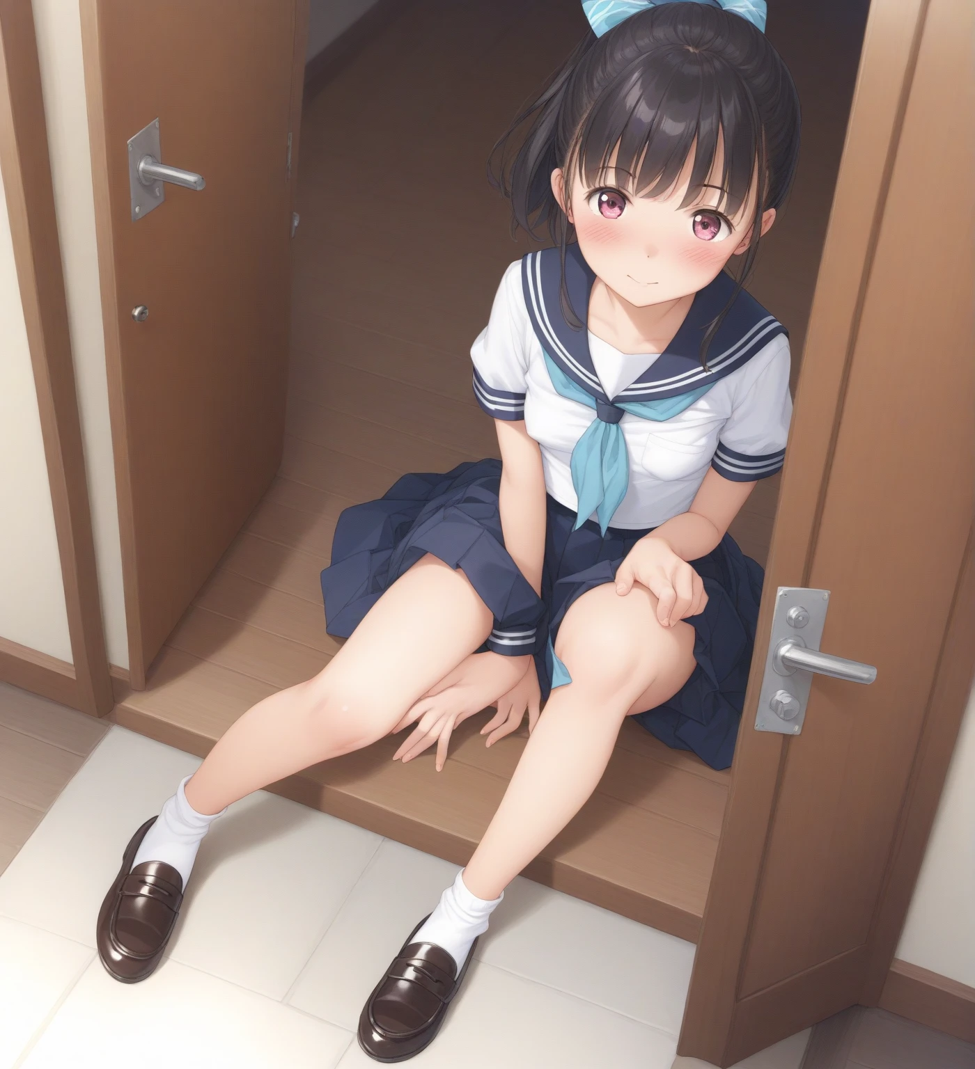 A Female mature robot loves herself. she wears nothing. Her Brown very short pigtails is tied with two big red clothespins, mature, android, blue eyes, full body, Height: 160cm, flushed cheeks, sweat bucket. full body shot, looking straight. Her smile is complete.show White pantie, Looking at the audience, 着ぐるみ