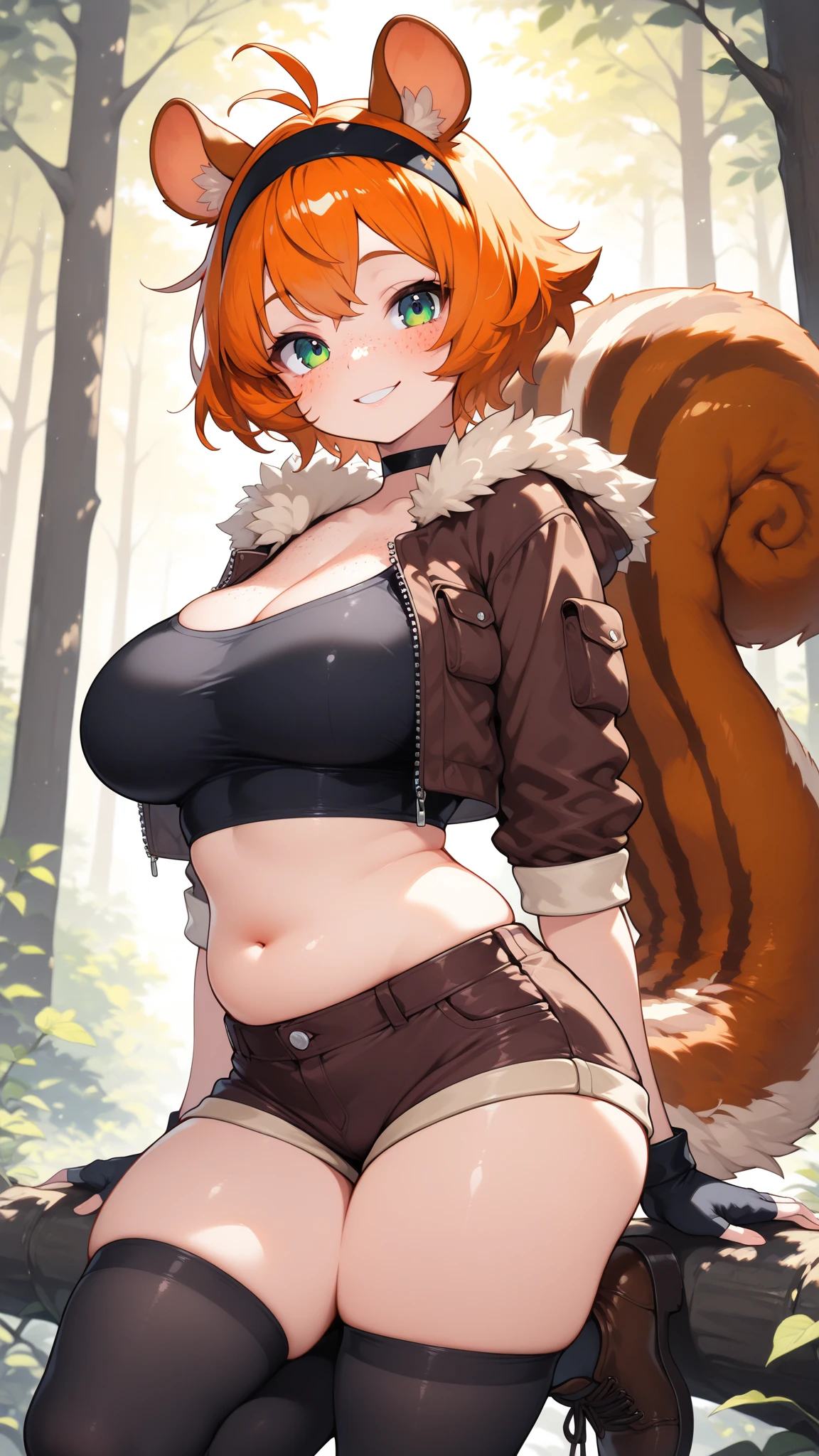 Anime moe style, (((Big thighs))), (((big hips))), thin waist, Cheeky grin, (((mischievous))), dom, sadist, Red hair, (Orange eyes), (tight Button shirt), (((((voluptuous))))), (((((plump))))), (giantess), (short skirt), (((Massive breasts))), (Upskirt angle showing striped panties), (((Tight fitting black blouse))), ((straining blouse)), (short black cape), ((Red Panda ears)), (((Red Panda tail))), (((bushy tail))), thin waist, volumetric lighting, (masterpiece), dynamic angle, (best quality), ((evening sky)), (((watercolor speedpaint Illustration))), (((white thigh highs))), ((skindentation))