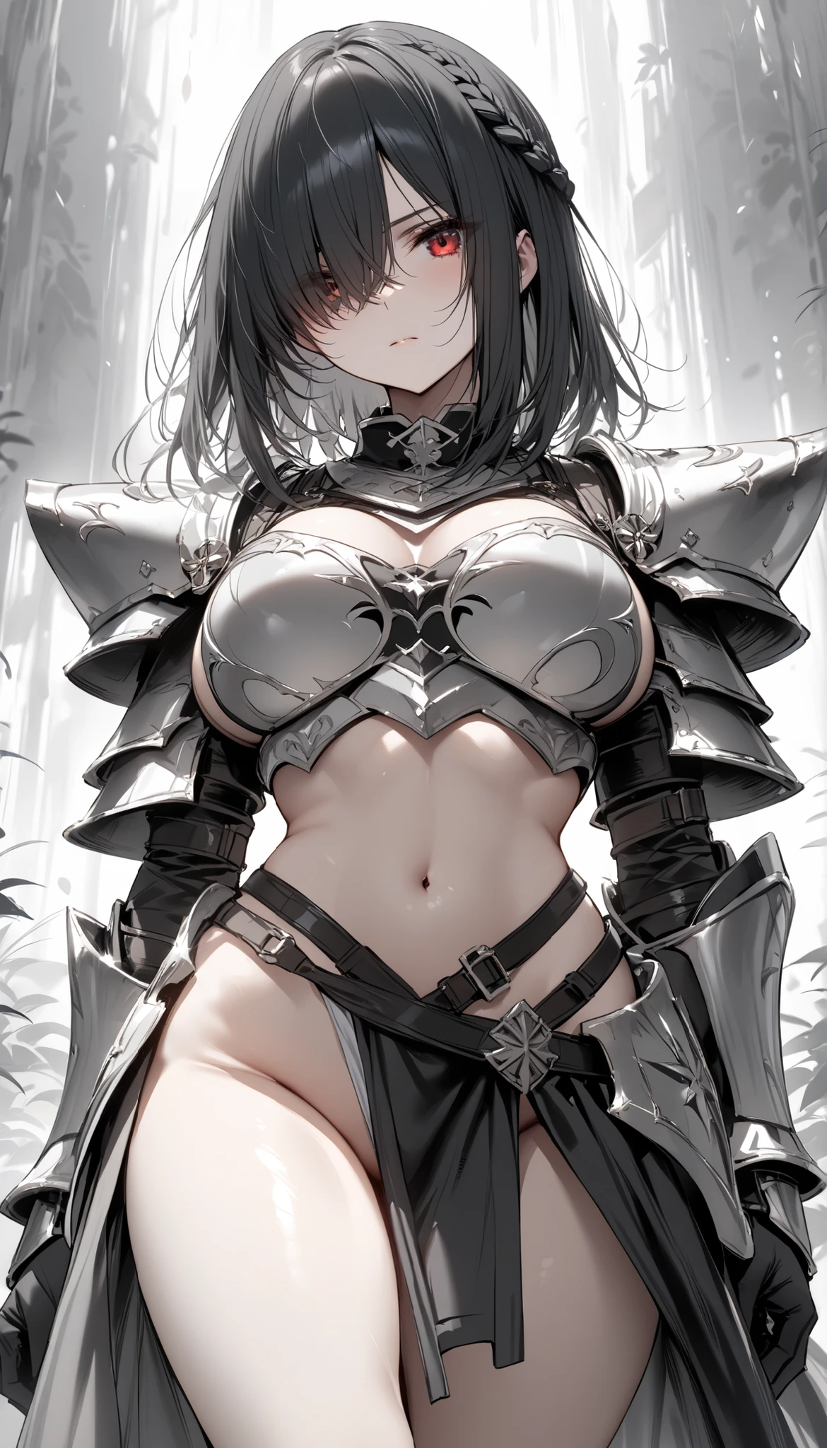Photo of a woman in armor, Bikini Armor Female Knight,(Red rubber bikini:1.3),Bikini Armor, Girl in Armor, Otherworld fantasy game characters,Slender figure,Cleavage,belly button,Black Hair,ponytail,Flushed Cheeks,Embarrassing,smile,Bikini Armor, Bikini Armor, glossy White Armor, ornate Bikini Armor, thick装甲, thick, Kschaert Krentz Key Art Feminine, Female Knight, shiny silver armor, White Armor, Pale black armor, Highly detailed art gems,Beautiful expression right down to your fingertips,Right hand makes a peace sign next to the face