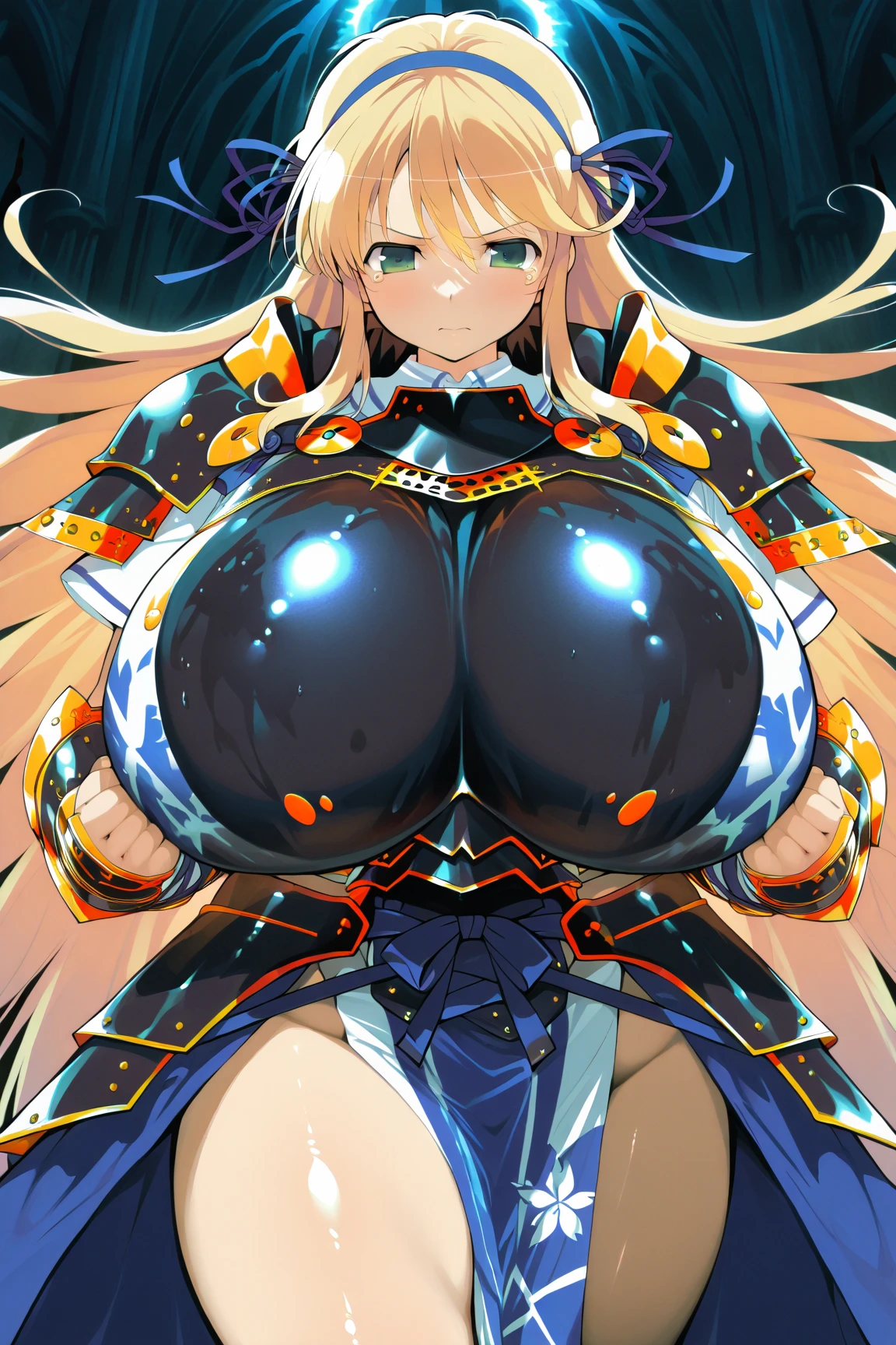 masterpiece, best quality, extremely detailed, 1girl, mature female, solo, (colored skin, blue skin:2), liliana, (huge breasts:1.6), ((((blonde hair), very long hair, green eyes, slit pupils, curled horns))), parted lips, (((covered collarbone, black nightgown, elbow gloves, black gloves))), ((blush, shy), closed mouth), ((hands on own hips, church, dark sky, storm clouds))