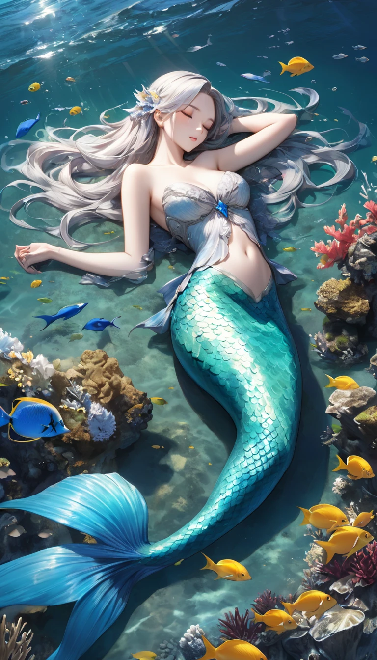 Mermaid swimming gracefully in the sea, Blue scales, The area below the shoulder is covered with fine scales., silber hair, Earlobes are fins, A scale arm covering that sticks to the skin, elegantly spread caudal fin