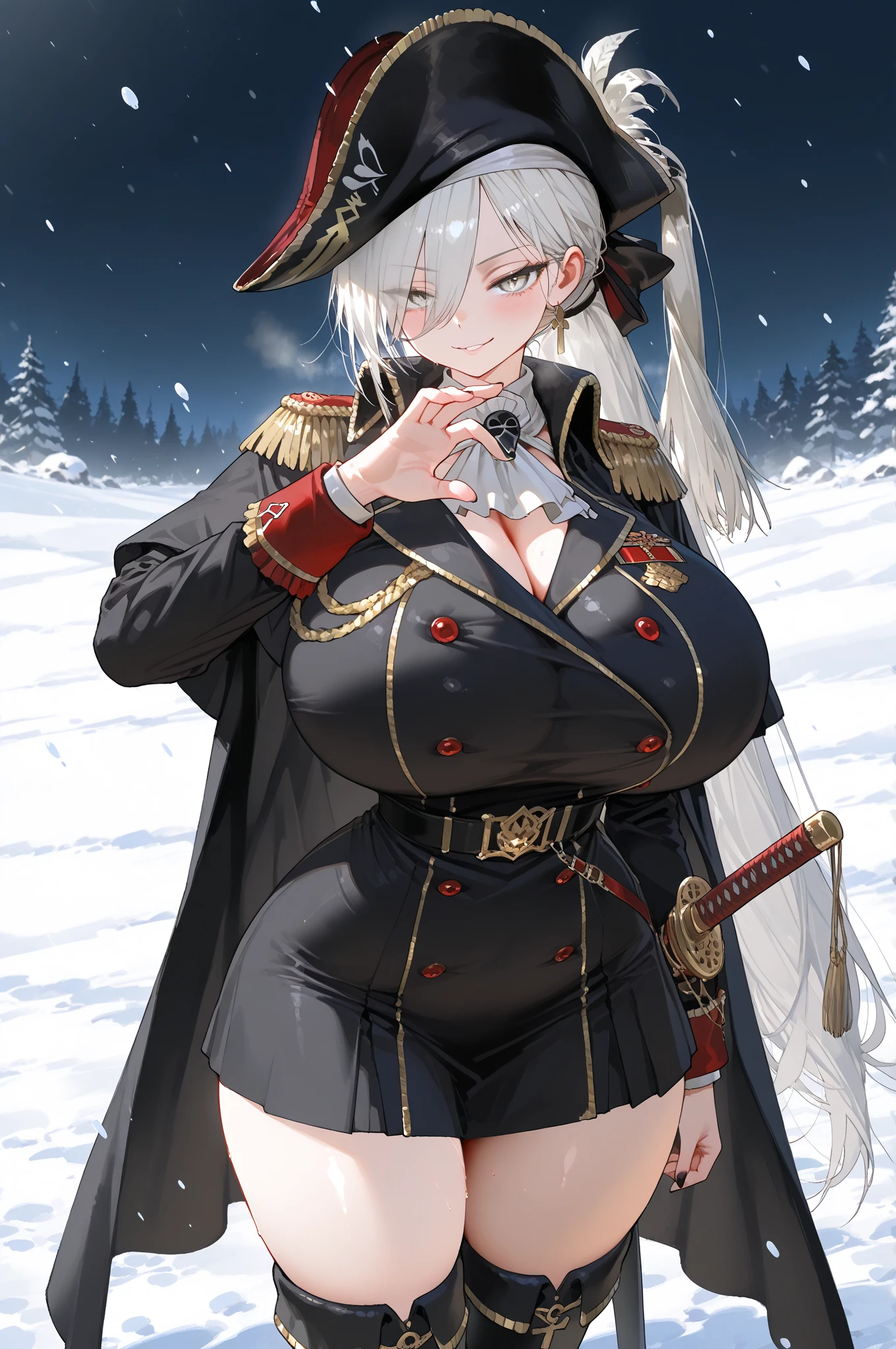 young woman, Soviet soldier, thick thighs, lush breasts, Long white hair, Rivenki, winter, a bottle of vodka,