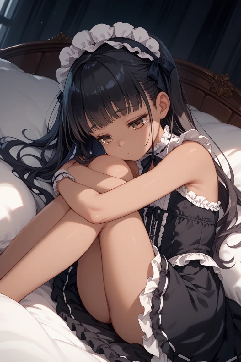 girl, anime, master piece, best quality, ultra-detailed, lie on bed, feet apart, maid, brown pigtails, enraptured expression, admiring