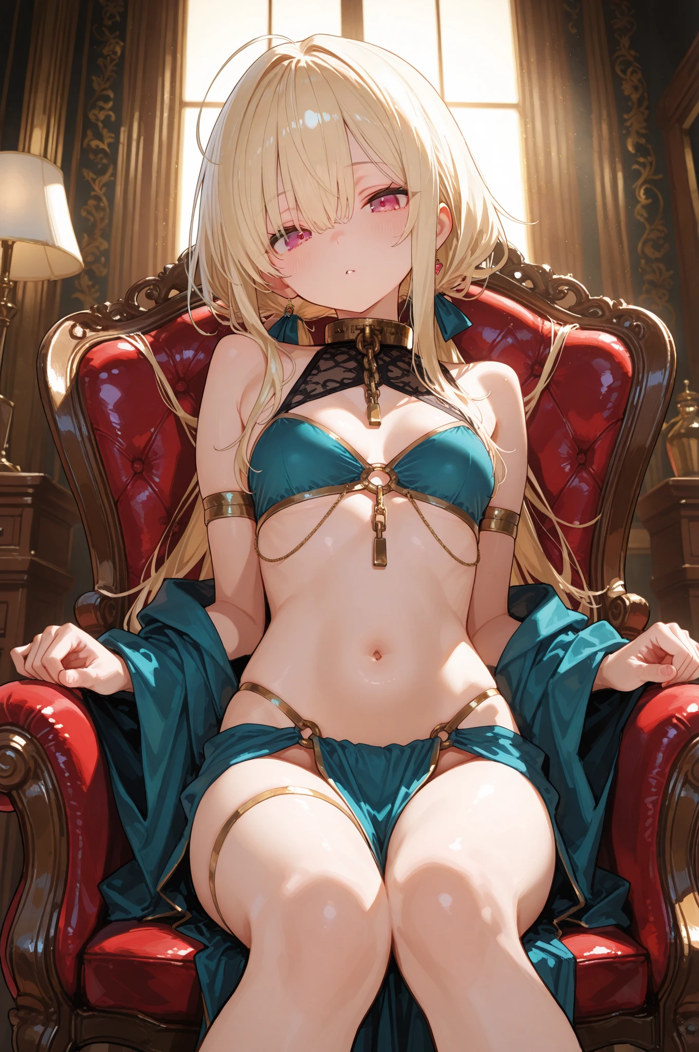 Beautiful blonde girl chained and hung inside a mansion&#39;s living room wearing only a short skirt and a bra. While crying a lot anime style 