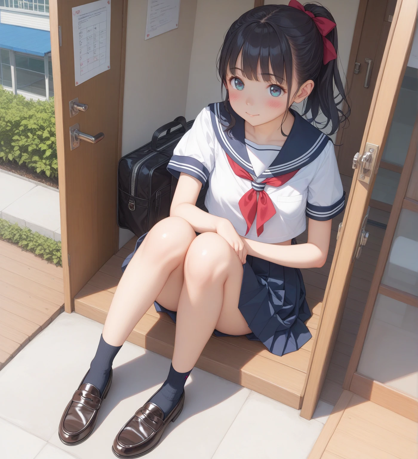 1girl in, Parted lips, blush, makeup, lightsmile, School uniform, Full body, Wide Angle, From above, crass room, llight rays, Glow, thighs thighs thighs thighs, 鎖骨, Narrow waist, (masutepiece), Wallpaper,Wet body、Drooling、White socks、(sit down and open legs、Sit with your legs bent)、cum shots