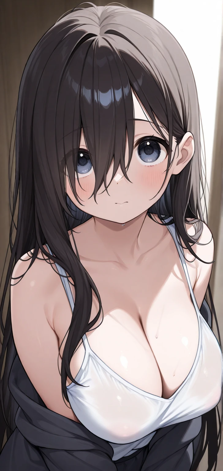 1girl, skinny, big breast, short brown hair, bangs, blue eyes, white nightgown, (tears, blushes), night, bedroom, ((half body))