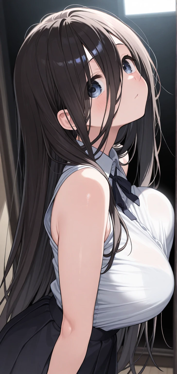 (masterpiece, best quality: 1.2), 1 girl, alone, standing_split, Long hair, black hair, disheveled, a long lock, wine red eyes, carefree and mischievous look, white sweatshirt and black panties, thighs.
