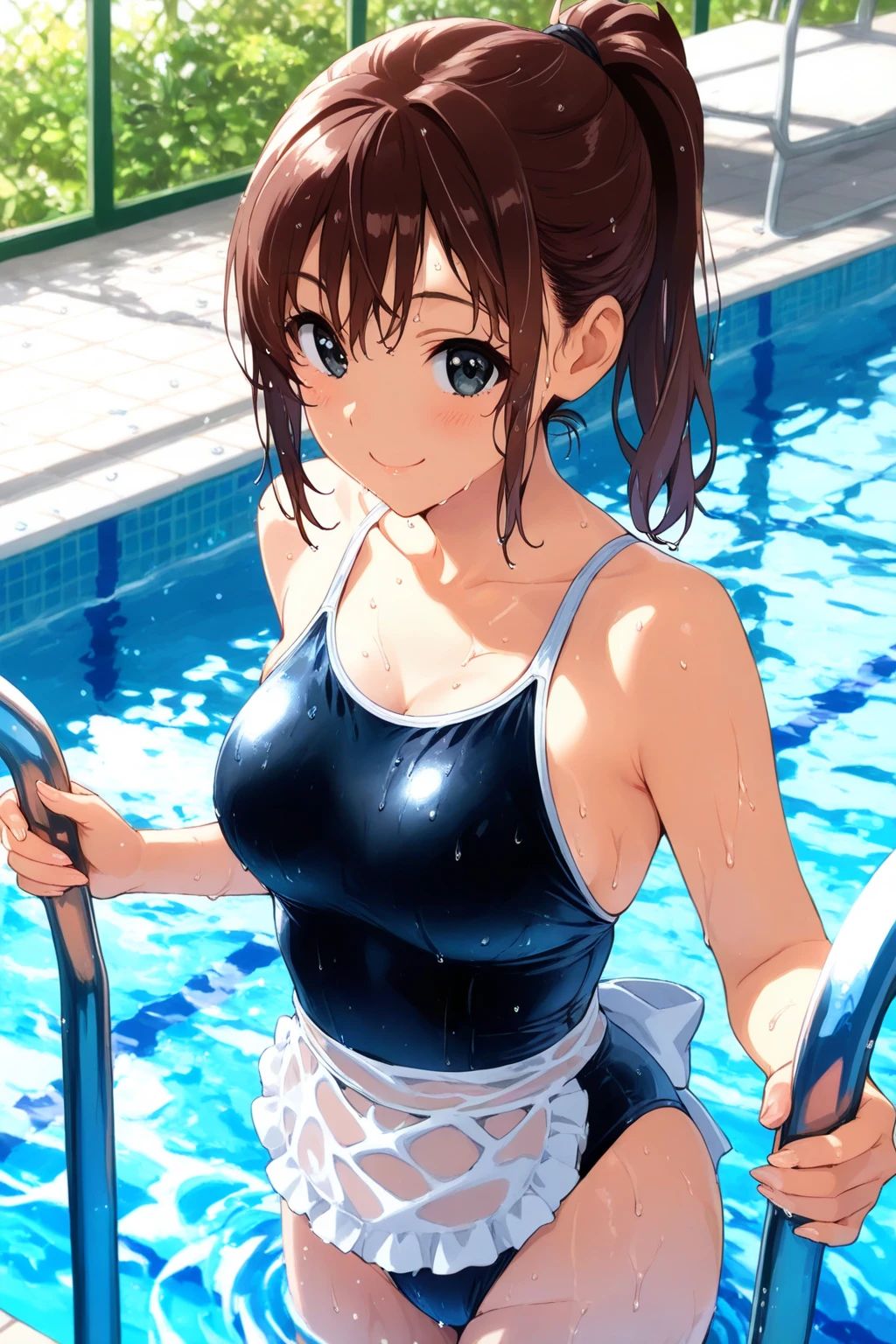 (Best quality:1.3), girl, solo, long hair, brown hair, green eyes, cleavage, one-piece swimsuit, (soaking wet:1.3), smiling, swimming pool, (pov)