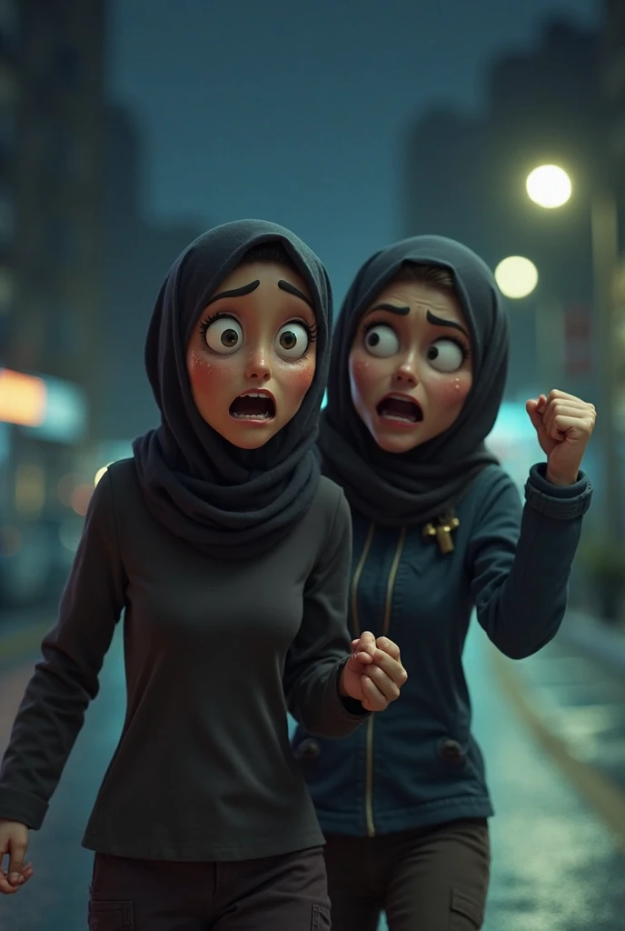 Two beautiful, fair-skinned Muslim Canadian twin sisters, both wearing hijabs and with black hair, are arguing with each other in a rural bedroom. The first twin is dressed in blue, while the second twin is in yellow. Their expressions show frustration as they face each other, the room reflecting a simple countryside setting. The 3D scene captures their intense interaction and sibling dynamics in a distinctly Canadian context.