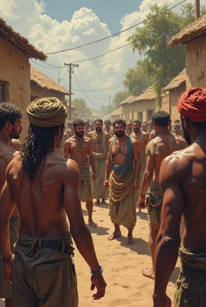 Exhausted men in village