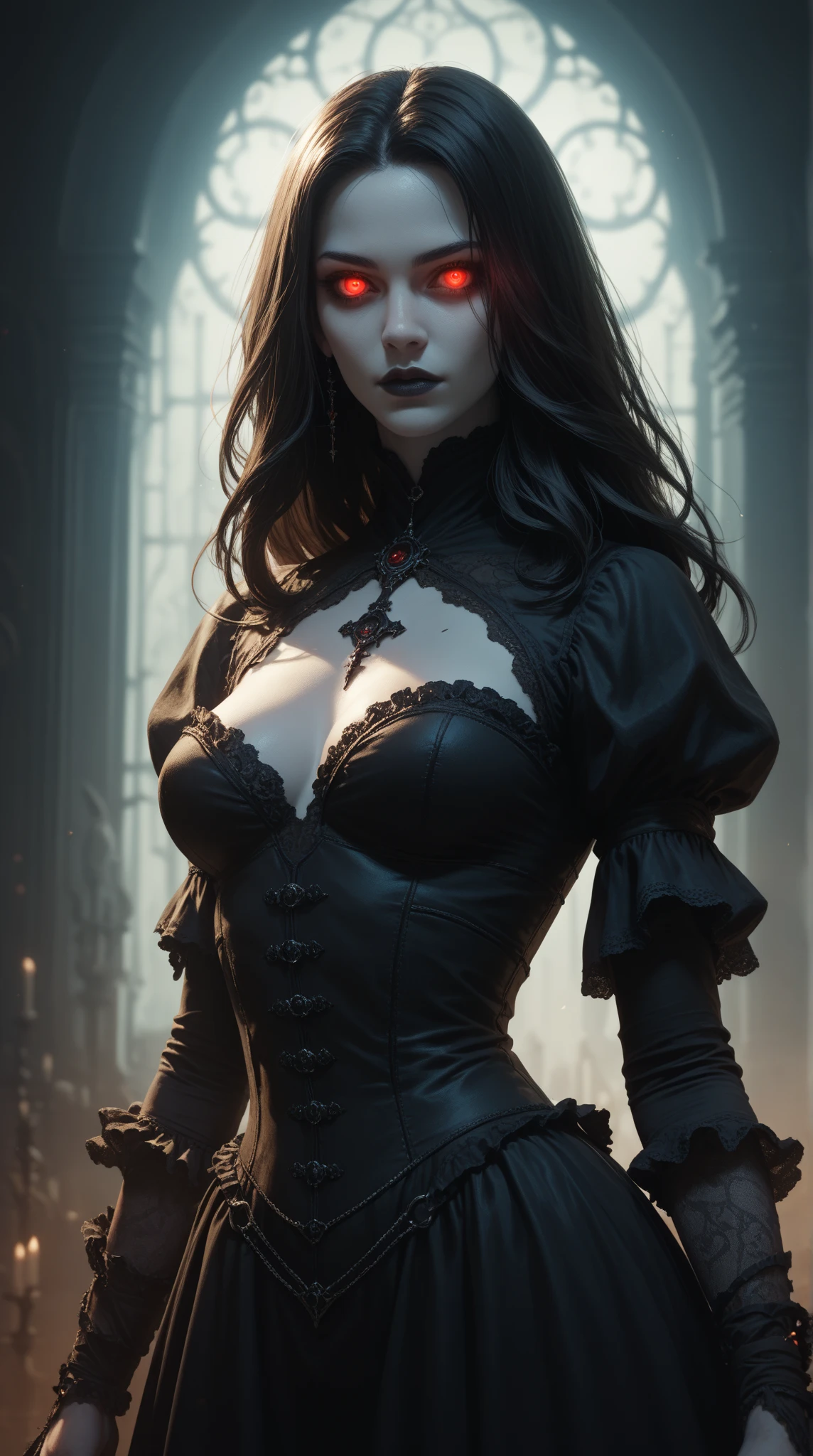 A beautiful pale-skinned girl with long black hair, intricate gothic makeup, large breasts, wearing an ornate victorian-style gothic dress, standing in a dark, moody, atmospheric environment with dramatic lighting, moody color palette, highly detailed, cinematic, photorealistic