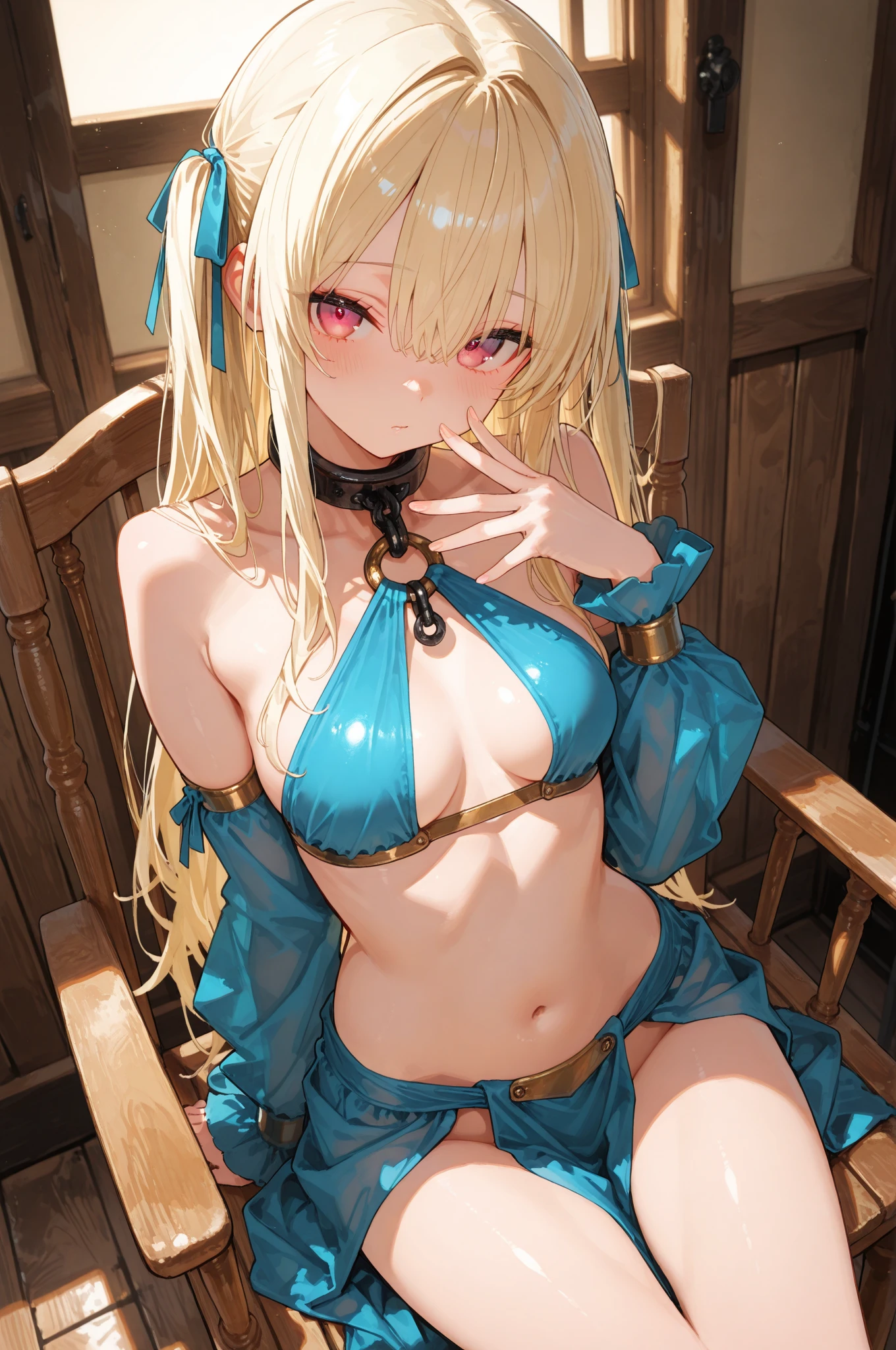 masterpiece,high detail,best quality,super detail, blush,closed mouth, grin, ((Raines,sadist,queen)), ((disdain)), (from below, looking down,looking at viewer,straddles the viewer), (arms behind back:1.3), ((white luxurious lingerie)), long blonde, spread legs, (shibari,tied up with liquid chain:1.5)