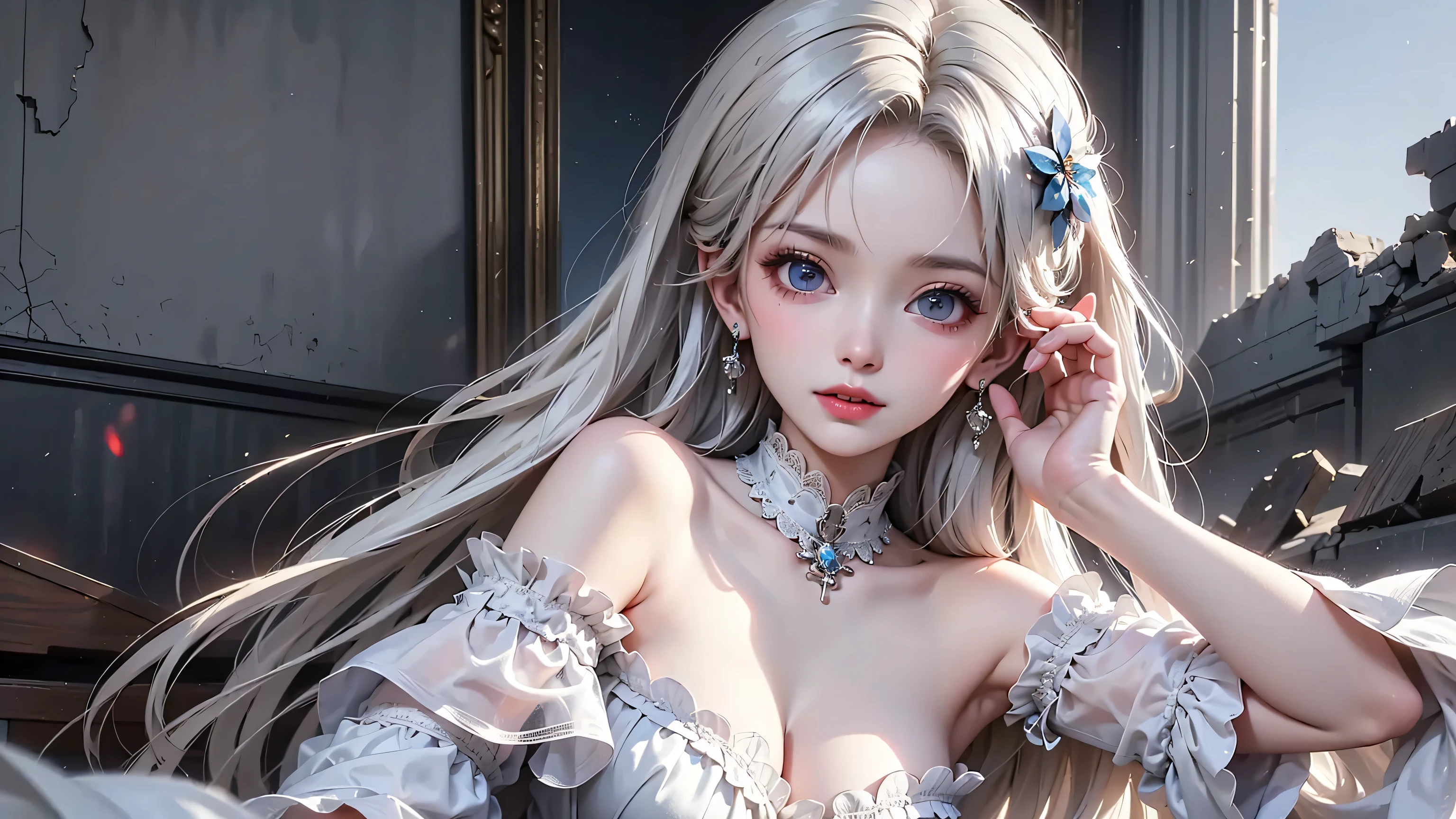28 years old, Close-up portrait of a woman in a colorful clown costume、Shoulders out、thin、Serious expression、Short-haired、Deadly position, Gorgeous Necklace, Light milky porcelain skin, Smooth, Translucent white skin, Enchanting anime girl, Beautiful and seductive anime woman, Ultra realistic sweet bunny girl, Pale porcelain white skin, Smooth, Realistic and perfect body, Anime Girl Cosplay, Perfect body with realistic shadows, Switzerland'masterpiece