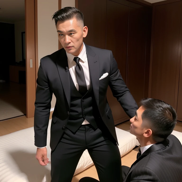 45 yers old,Hidetoshi Nakata,(Demo Mulroni 1.3),Shirtless,Tong,Bulge,office room,black long socks,Thin,musculature,lbeard,fortitude,artwork of a,tmasterpiece,k hd,Two people hugging,lace Thong,T-shirt