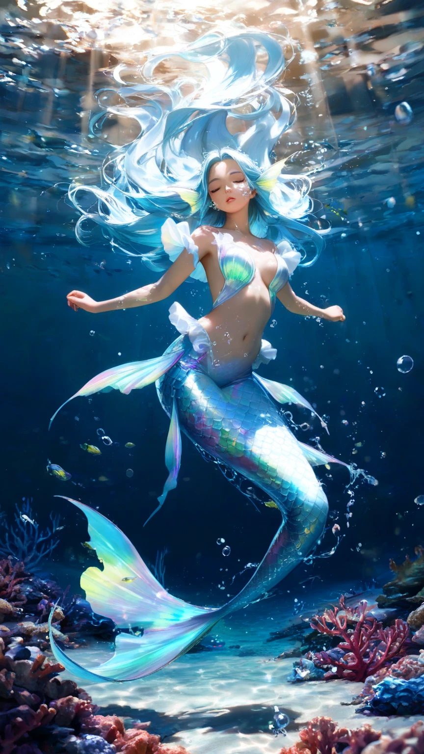 1 mermaid,masterpiece, (best quality: 1.2), (Ultra-fine: 1.2), illustration, (extremely delicate and beautiful: 1.2), film angle, floating, (beautiful details eyes: 1.1), (细节lamp: 1.1), lamp,