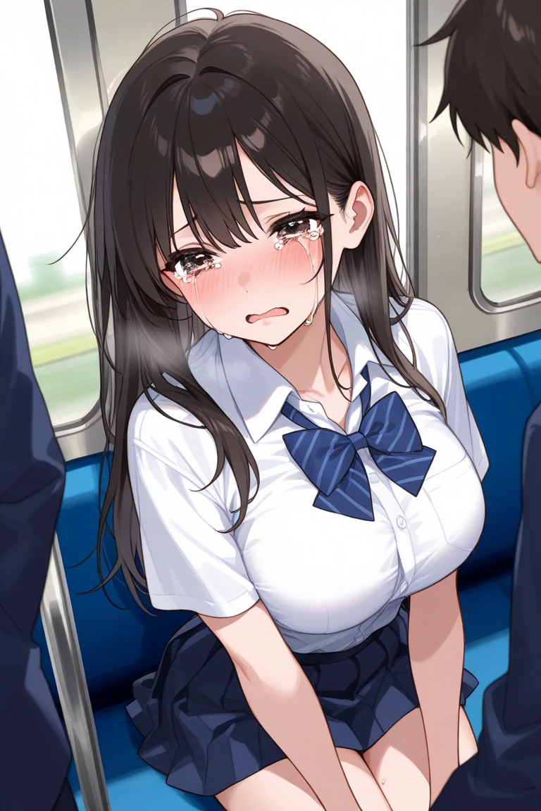 ((((pieces fly, highest quality, best quality, 1 girl, alone, beautiful anime、detailed images))))、18-year-old、thin、thin太もも、(((dark brown hair、straight、long hair、brown eyes、round eyes、Clear type、))),((((on the train))))、((navy blue blazer、dark blue skirt、school uniform、ribbon、)))、((( open your mouth、disgusting face、take a seat on the train、White liquid spills from the mouth、suck dick)))、NSFW、、image from the knees up、Image from the side,(((1 male、Are standing、Middle-aged male penis,hairy man,)))