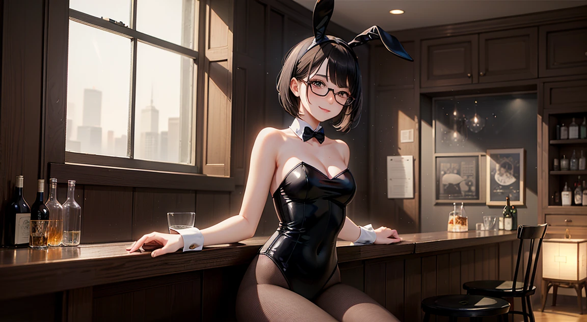absurderes:2.0, from above:1.8, (Blush、Cheeky smirk、brown hair、bob cut, solo)、japanese actress, realistic, Unity 8K Wallpaper, Masterpiece, Realistic face, Realistic skin feeling ,detailed hair, highly detailed, realistic glistening skin, light makeup, (playboy bunny,fake rabbit tail, black fake rabbit ears,Fishnet tights:1.8,bowtie, wrist cuffs, enamel leotard)、black eyes)、Casino, retro bar