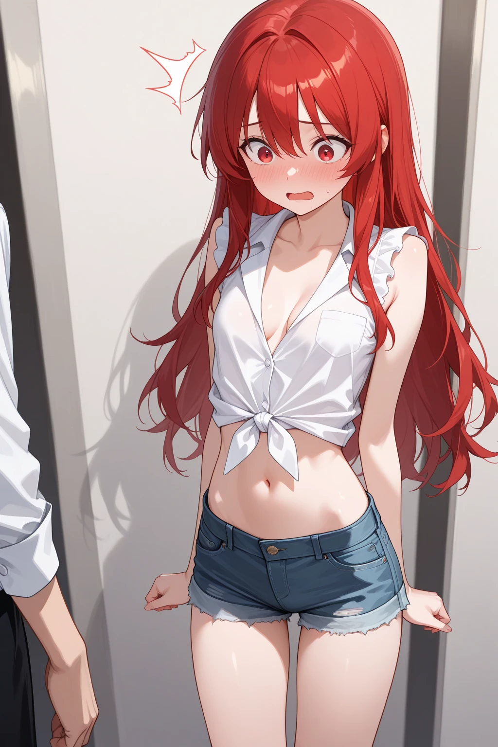 ((masterpiece,best quality anime,Highest quality:1.3)),realistic,cowboy shot,(25 year old beauty), gunslinger ,1woman,独奏,((very small head:1.4)),((very long body:1.3)),red hair,bangs,straight long hair,gorgeous big eyes,brown eyes,shy,Heavy breathing、(Black long coat),Wearing a white tube top shirt under the coat,navel、(denim micro shorts、black_thighhighs),((slender body:1.3,skinny)),small breasts,gleaming skin,shiny skin,sweat:1.3,Simple bedroom、A simple inn、The World of Westerns、