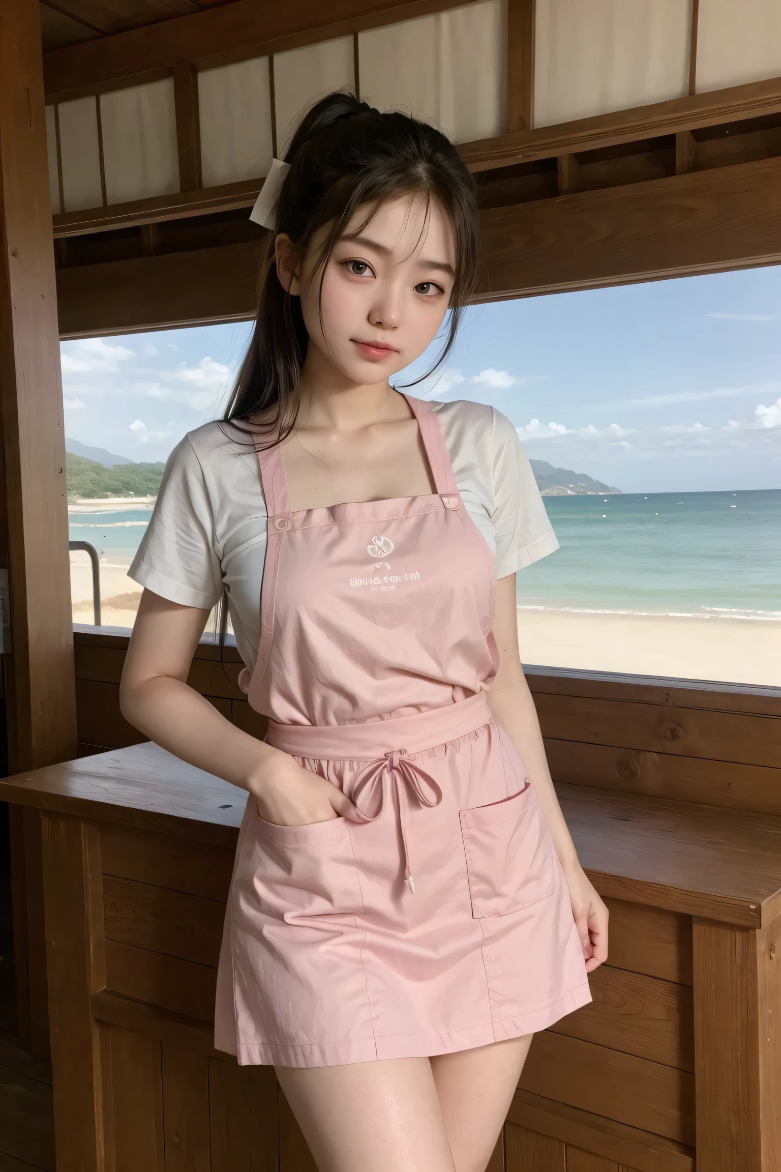 ​masterpiece、top-quality、1 girl in、独奏、21years old、Pink apron、Woman cooking、Grill meat in a pan、steak、cooking、kitchin、correct hand、Correct fingers