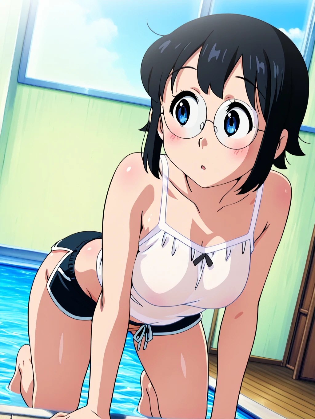 ((Table t○p, highest quality, Hi-Res Lucifer,Anime Screen Capture、Perfect Pixel, 8k, nsfw))、(((Surrounded by several men、Multiple cocks、sex)))、Perfect Anatomy、(((Huge breasts、Swollen nipples、Wide hips、Wide ass、Wet、Both armpits、Hands behind head、Spreading her legs)))、(((White Bikini)))、Sweat, Vapor,(Red eyes、Glasses)、((Short Hair、Wavy Hair))、((half updo、Black Hair)), ((((blush、Embarrassing))))、Are crying、(Pool)、