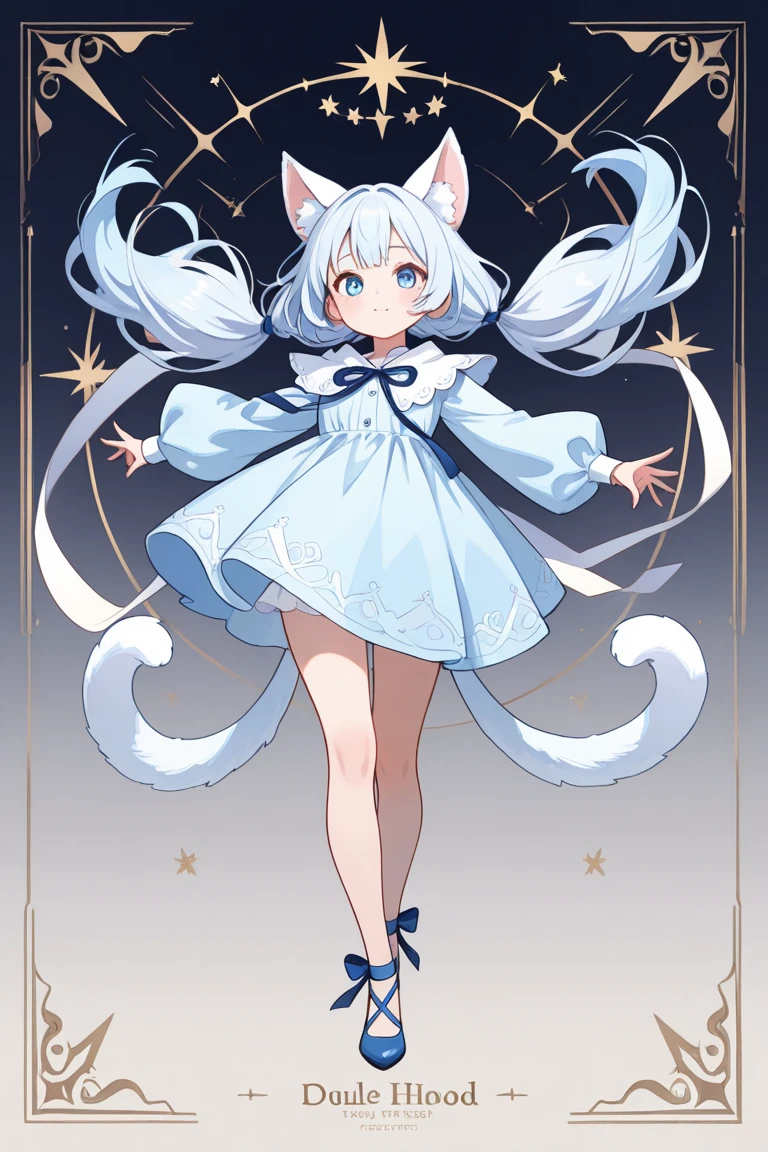 (Masterpiece), (Top Quality Anime Illustration), (Super Definition), One Girl, Solo, Silver-haired Beautiful Girl, Anime Loli, Cat Ear Loli, Light Color Light Blue See-Through Dress, Sleeveless, Smile, Cleavage Enhancement, Lower Breast Enhancement, Thighs, Tarot Card Style, Wheel of Fortune