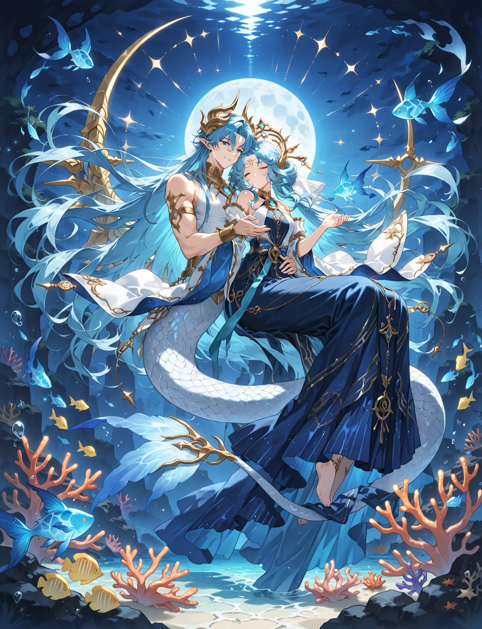 (man hugging a black-haired girl), long dress girl, masculine man, masculine face, attractive, muscular, (((1man))), masterpiece, absurdres, best quality ,intricate details, ((((full body)))), (shiny skin, shiny body, shiny oily luster skin, shiny hair, pale skintone), Sundown, attractive, ((muscular)), adult, one, earrings, Don't look at the view , Not looking at the view, silver hair man, braided hair man, perfect detailed face, perfect detailed hands, triton, fins, red eyes, triton ears, smirk, marine sea ornaments, open chest, ((long mermaid tail)), no legs, under the sea, fishes, masculine features, masculine face, (((night))), moonlight, darkness, dark light, character seen from afar