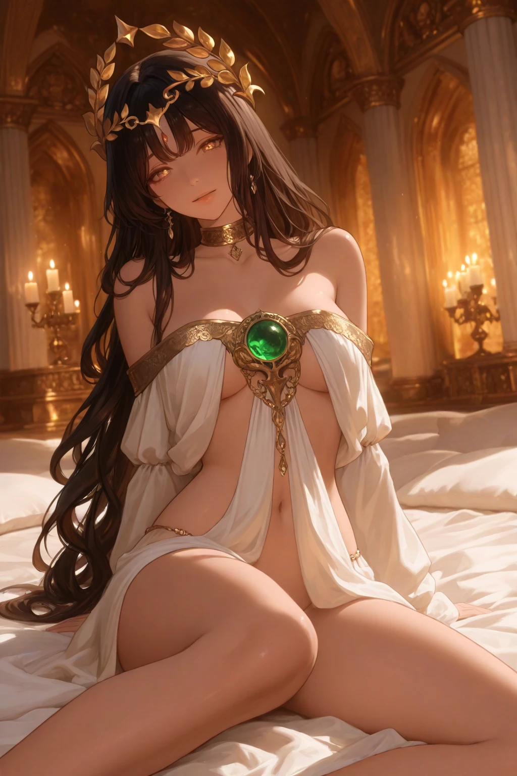 ((highest quality)), ((masterpiece)), (be familiar with), perfect face、princess、Enchanted body、princess、black hair、straight hair、black eye、crown、necklace、ring、bangles、Caster wheel、pregnancy、naked、Islamic Clothing、Oil King、marriage、Arab